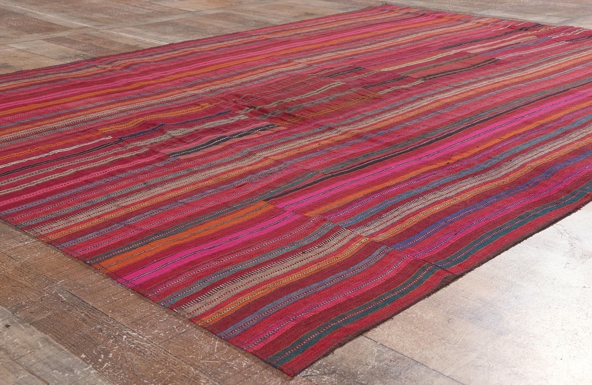 Distressed Vintage Turkish Striped Kilim Rug, Rustic Charm Meets Rugged Beauty For Sale 1