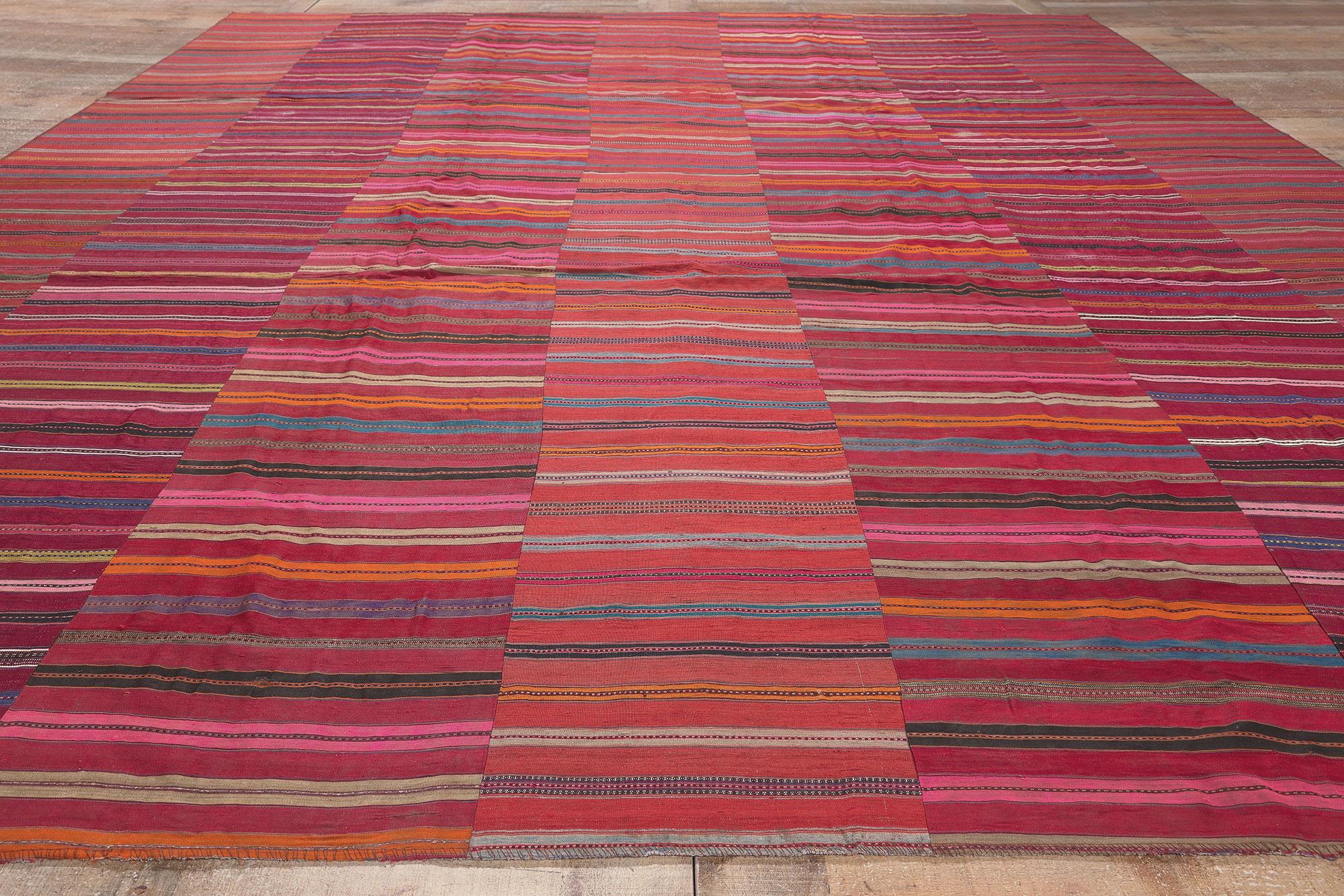 Vintage Turkish Striped Kilim Rug, Rustic Charm Meets Rugged Beauty For Sale 2