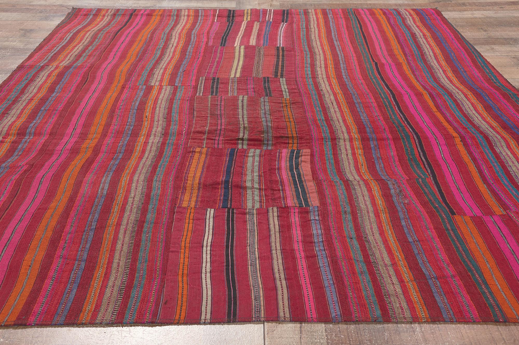Distressed Vintage Turkish Striped Kilim Rug, Rustic Charm Meets Rugged Beauty For Sale 2