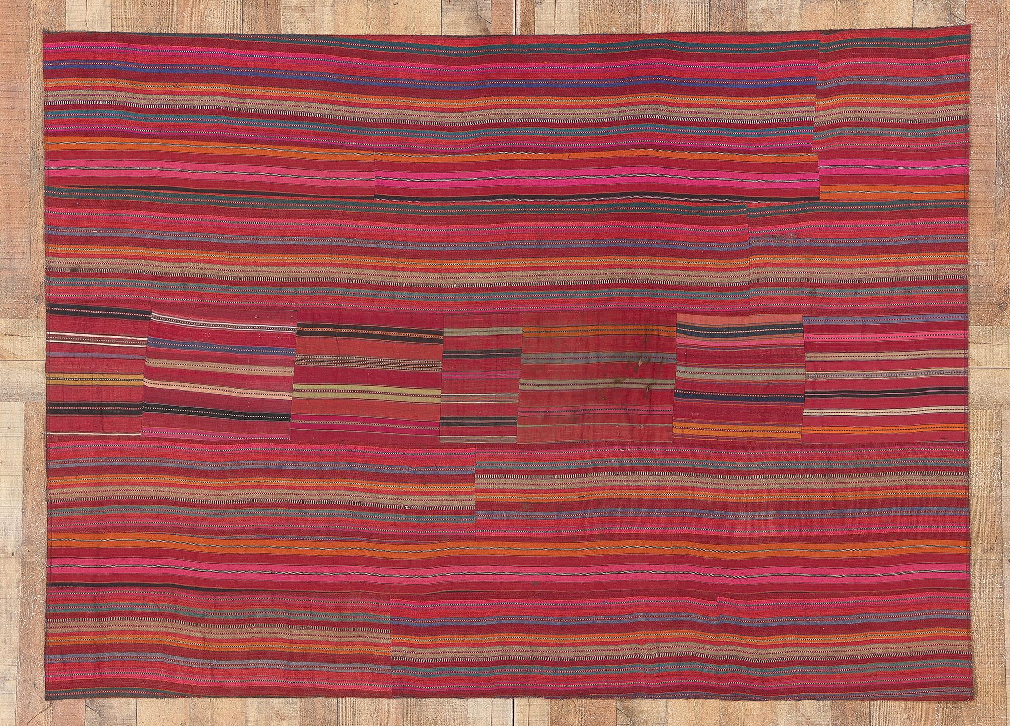 Distressed Vintage Turkish Striped Kilim Rug, Rustic Charm Meets Rugged Beauty For Sale 3