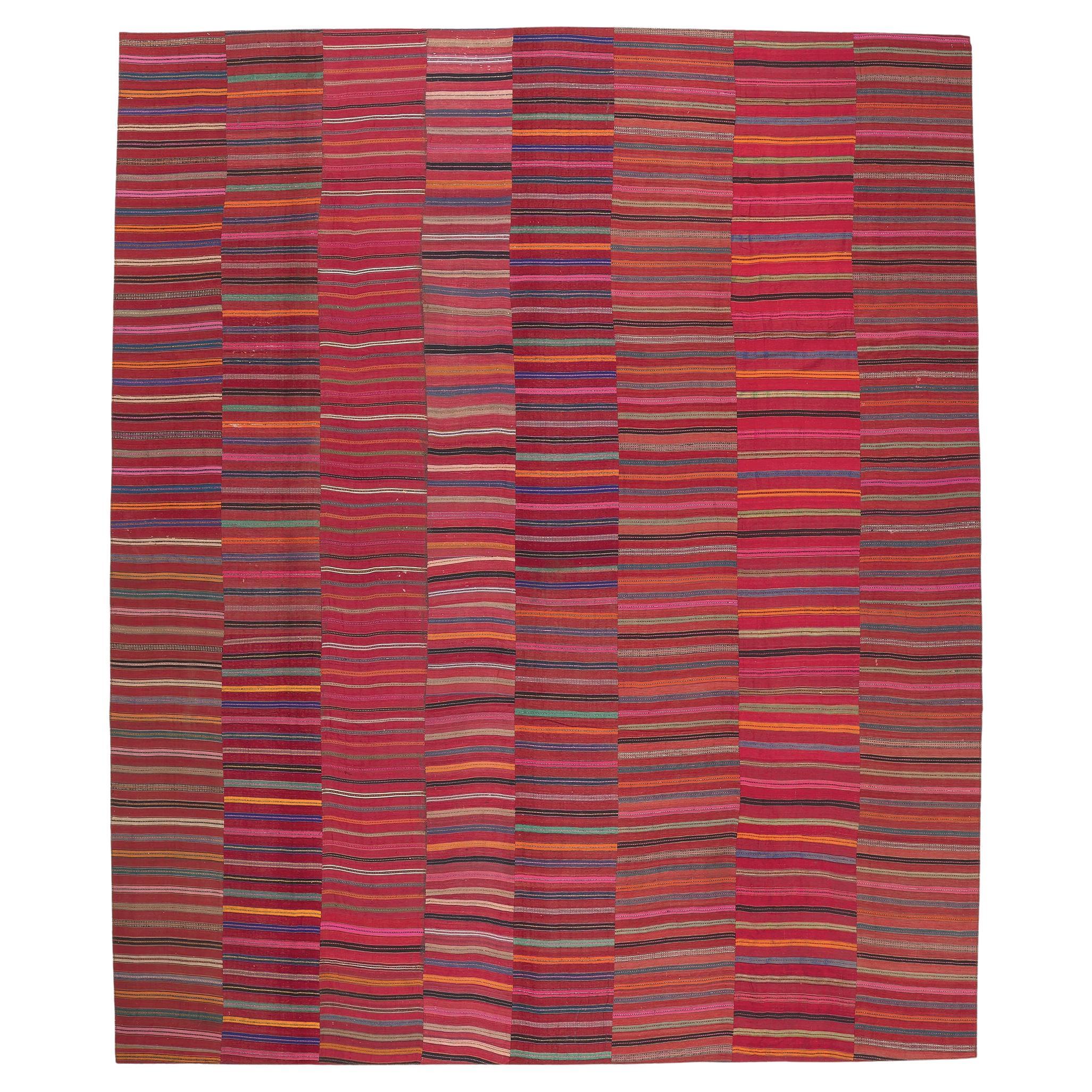 Vintage Turkish Striped Kilim Rug, Rustic Charm Meets Rugged Beauty For Sale