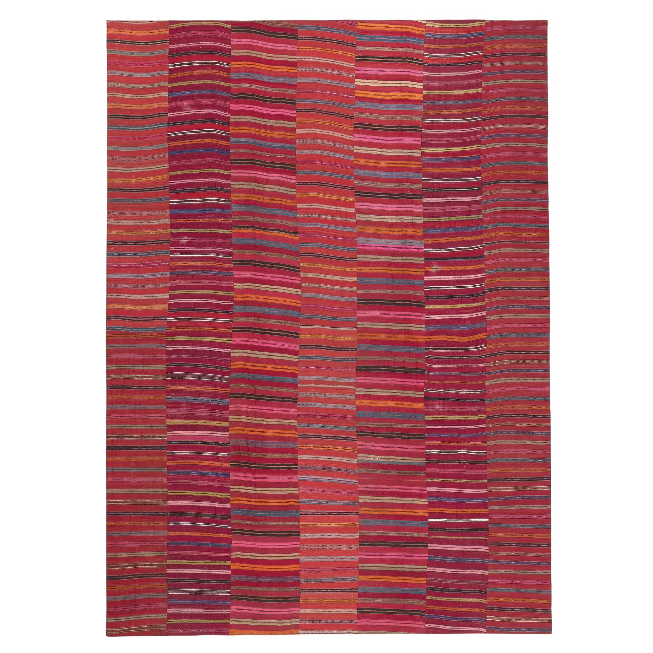 Vintage Turkish Striped Kilim Rug, Rustic Charm Meets Rugged Beauty For Sale