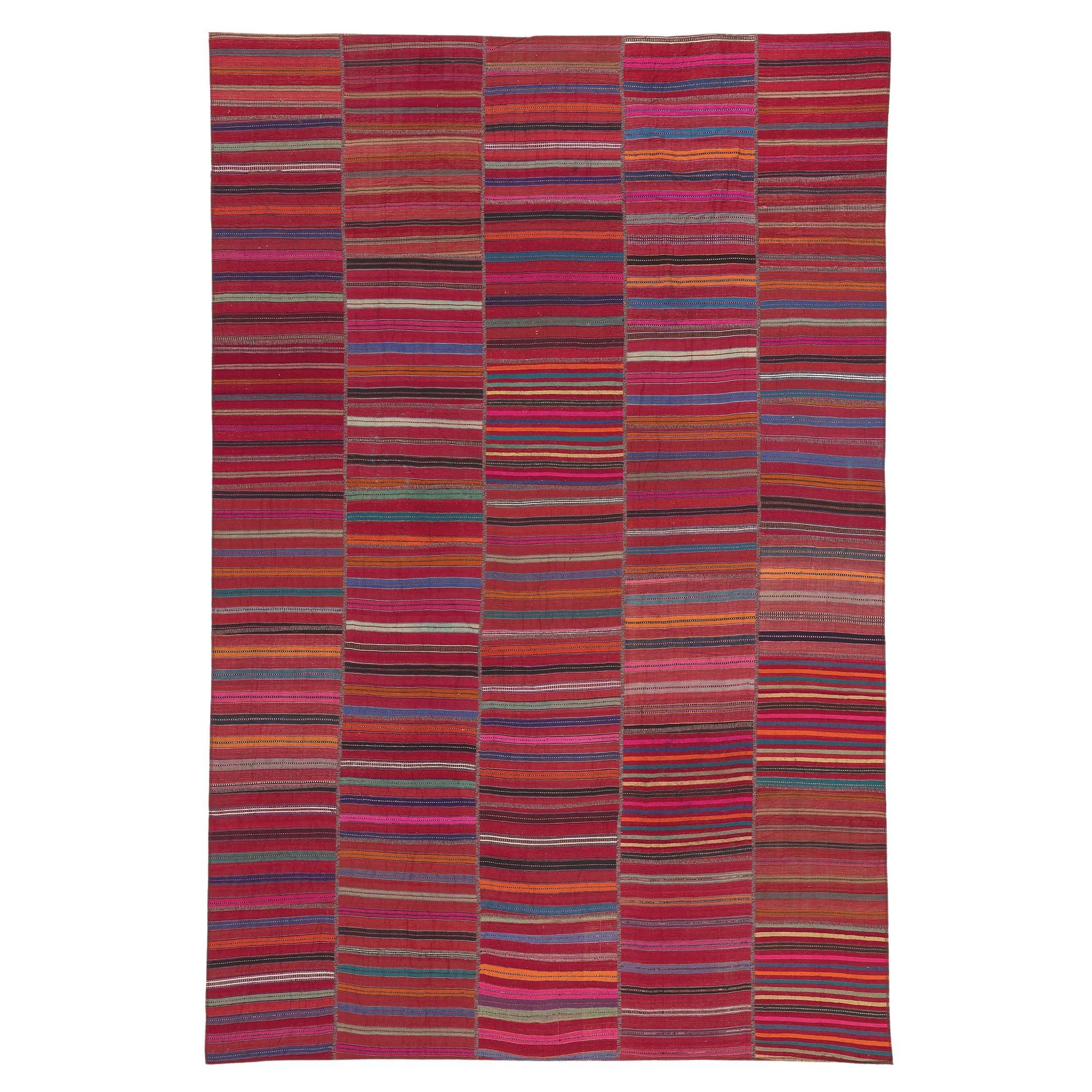 Vintage Turkish Striped Kilim Rug, Rustic Charm Meets Rugged Beauty For Sale
