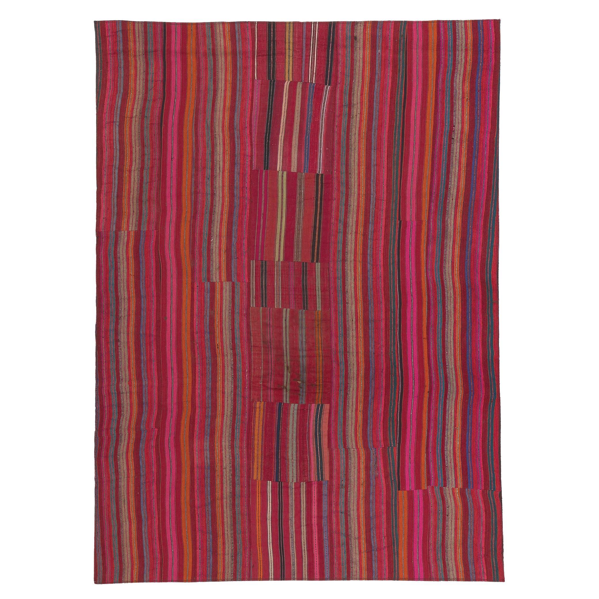 Distressed Vintage Turkish Striped Kilim Rug, Rustic Charm Meets Rugged Beauty For Sale