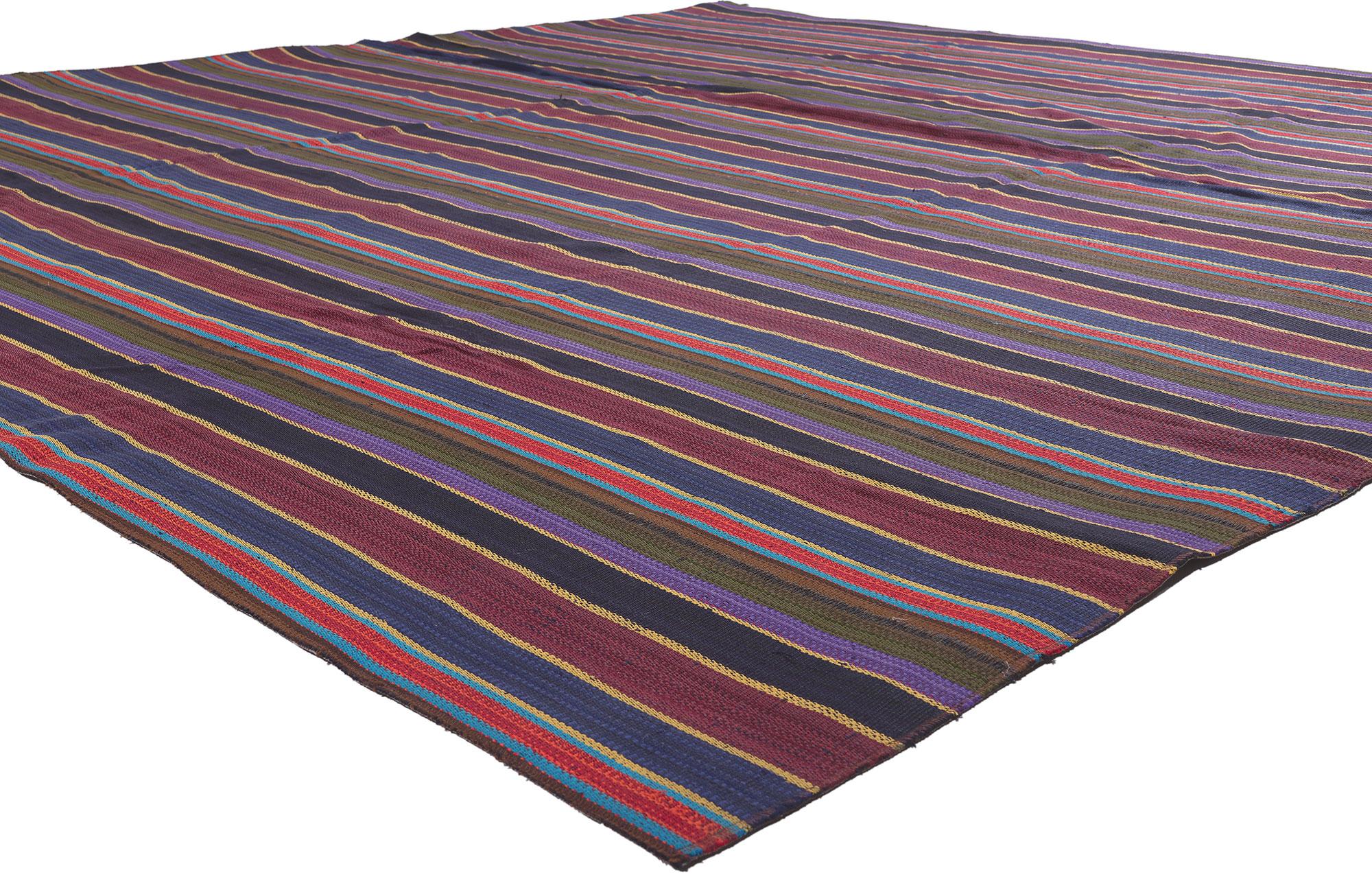 60803 Vintage Turkish Striped Kilim Rug,10'05 x 10'10. Infusing a touch of Ivy League sophistication into contemporary allure, this handwoven wool vintage Turkish striped kilim rug seamlessly harmonizes modern style with rugged beauty. The