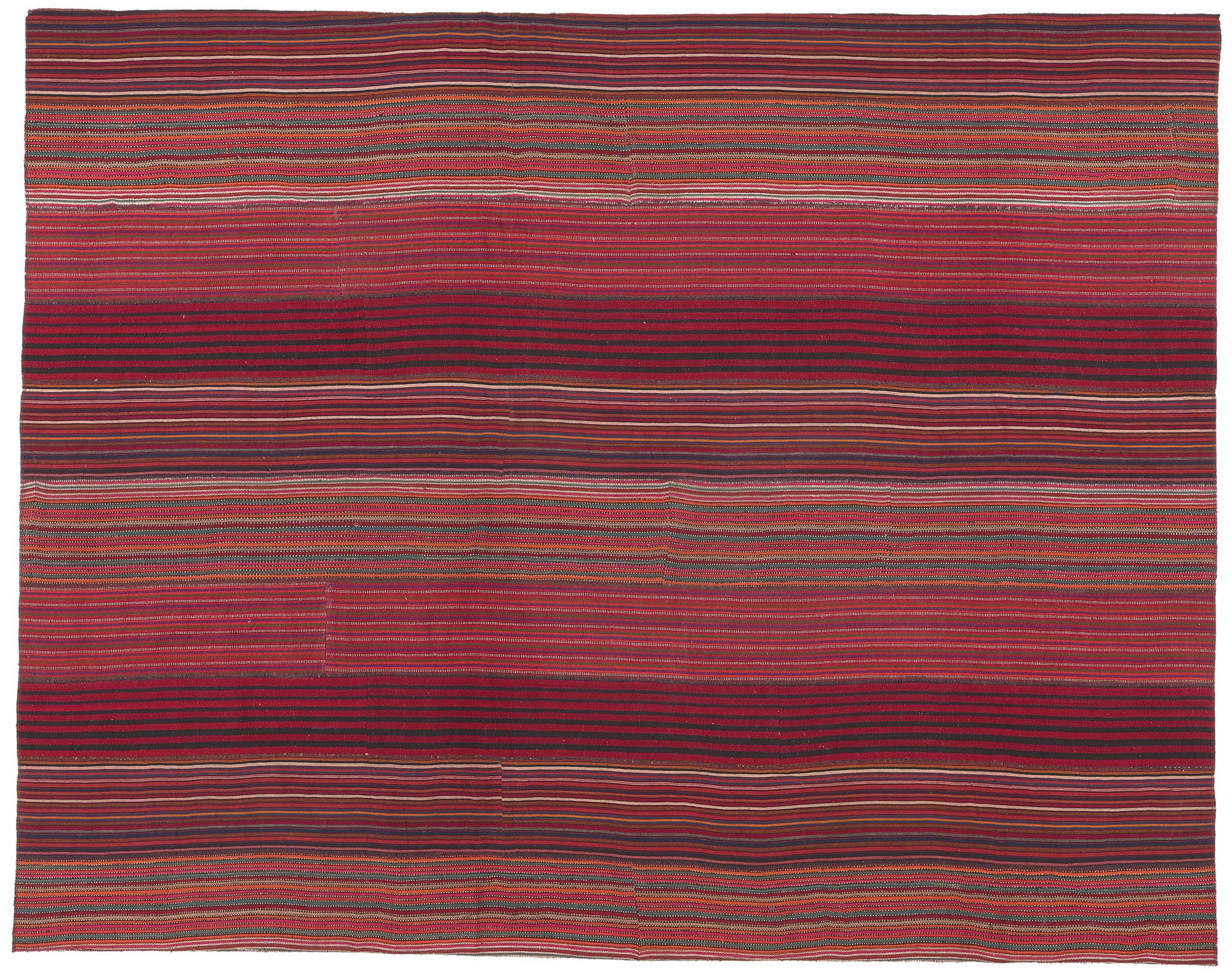 Vintage Turkish Striped Kilim Rug, Wabi-Sabi Charm Meets Rustic Elegance For Sale 4