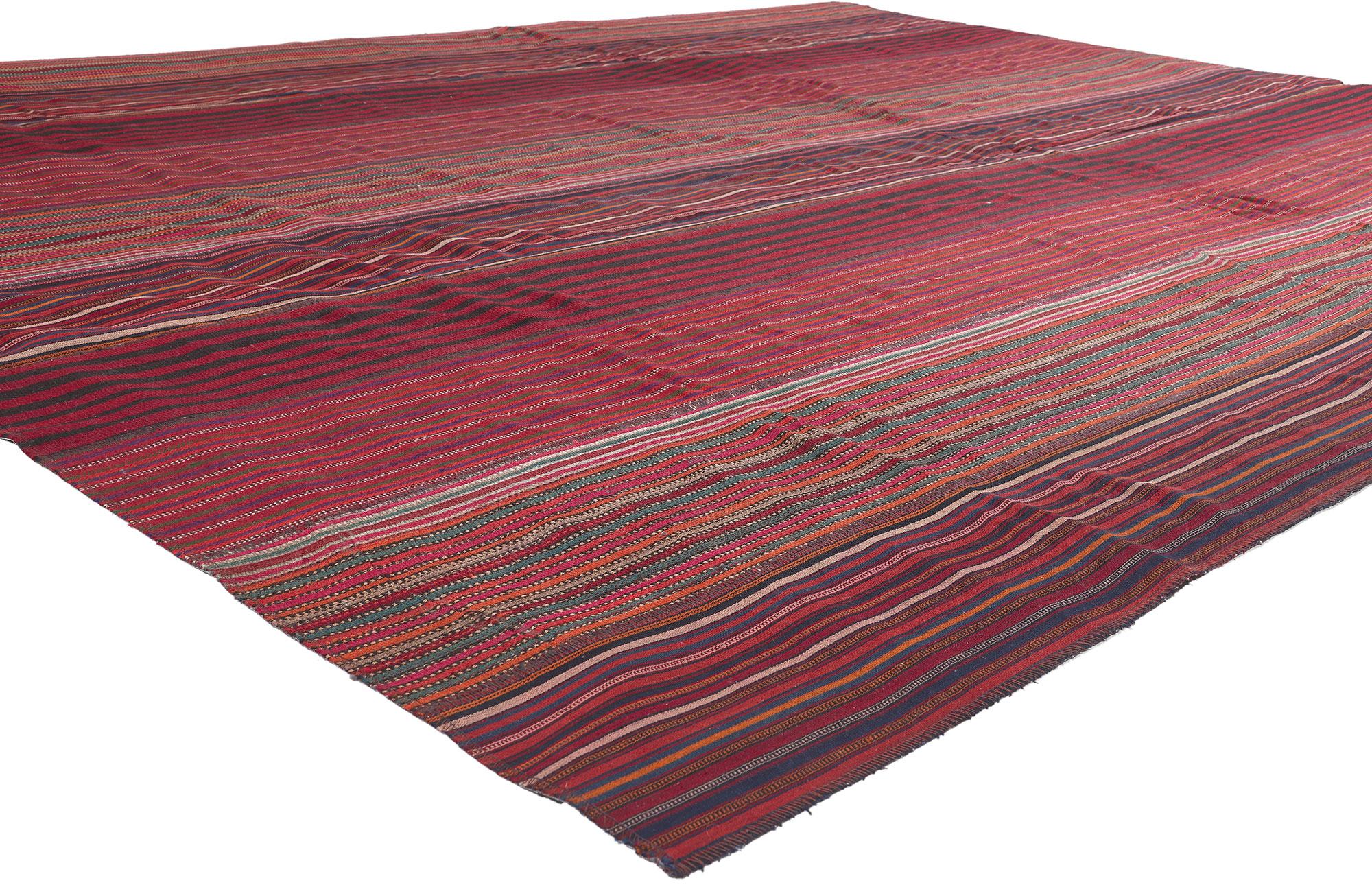 Modern Vintage Turkish Striped Kilim Rug, Wabi-Sabi Charm Meets Rustic Elegance For Sale