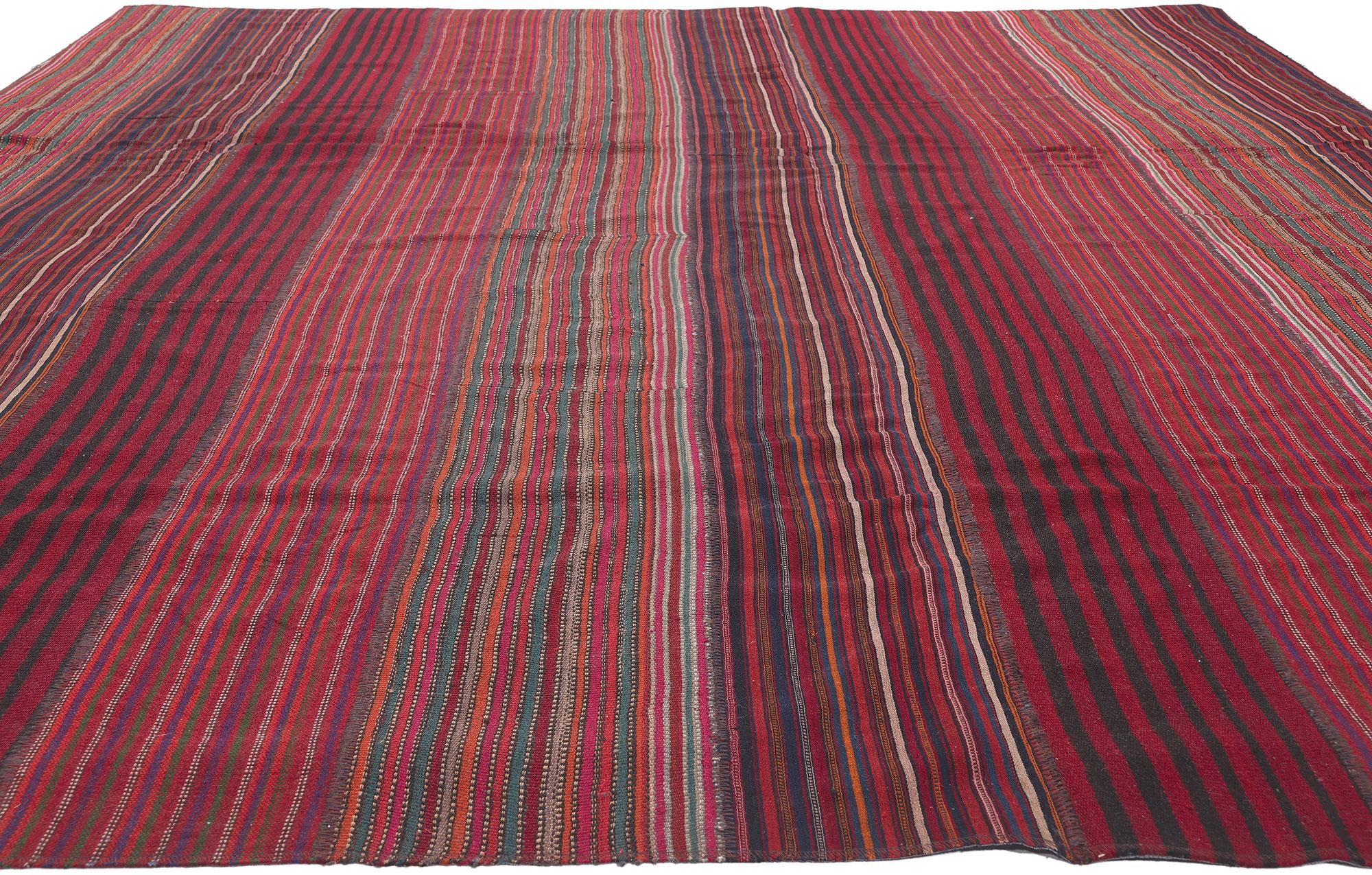 Hand-Woven Vintage Turkish Striped Kilim Rug, Wabi-Sabi Charm Meets Rustic Elegance For Sale