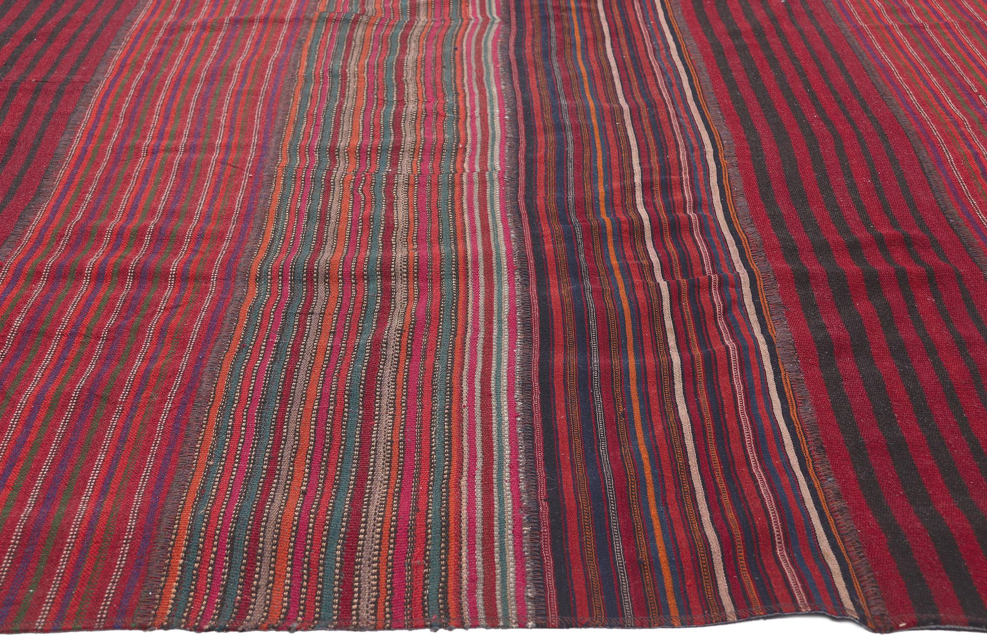 Vintage Turkish Striped Kilim Rug, Wabi-Sabi Charm Meets Rustic Elegance In Distressed Condition For Sale In Dallas, TX