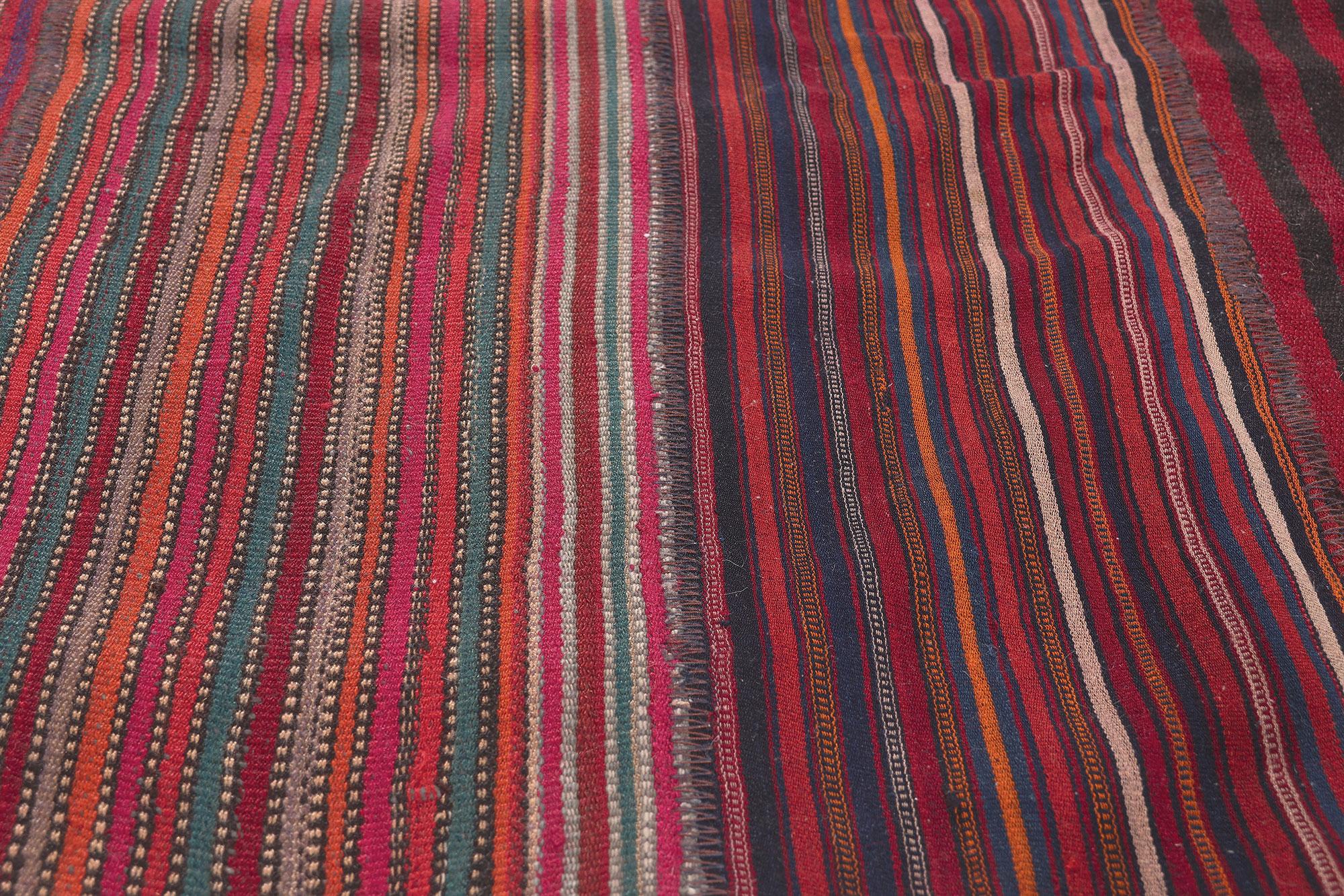 20th Century Vintage Turkish Striped Kilim Rug, Wabi-Sabi Charm Meets Rustic Elegance For Sale