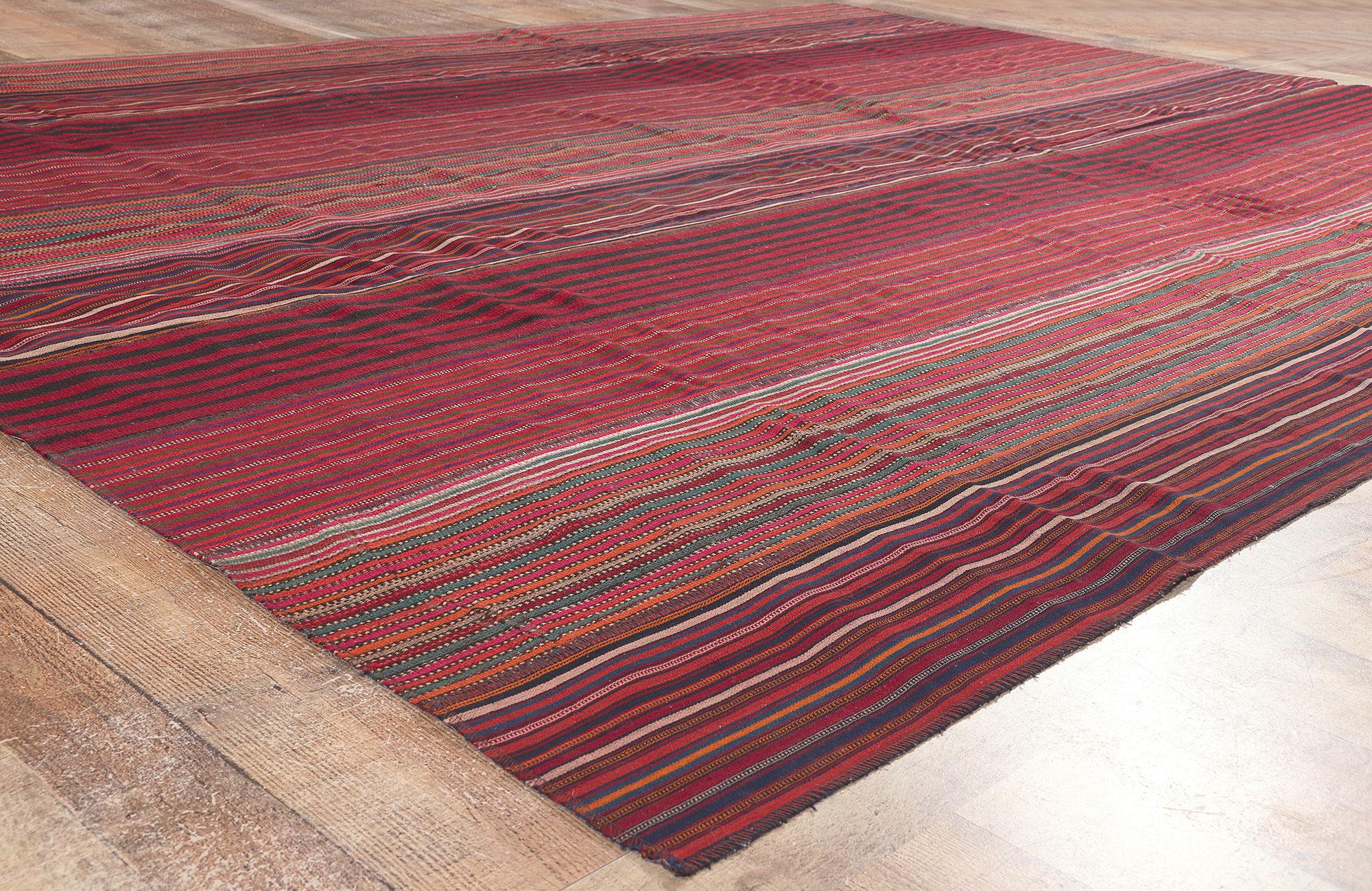 Vintage Turkish Striped Kilim Rug, Wabi-Sabi Charm Meets Rustic Elegance For Sale 1