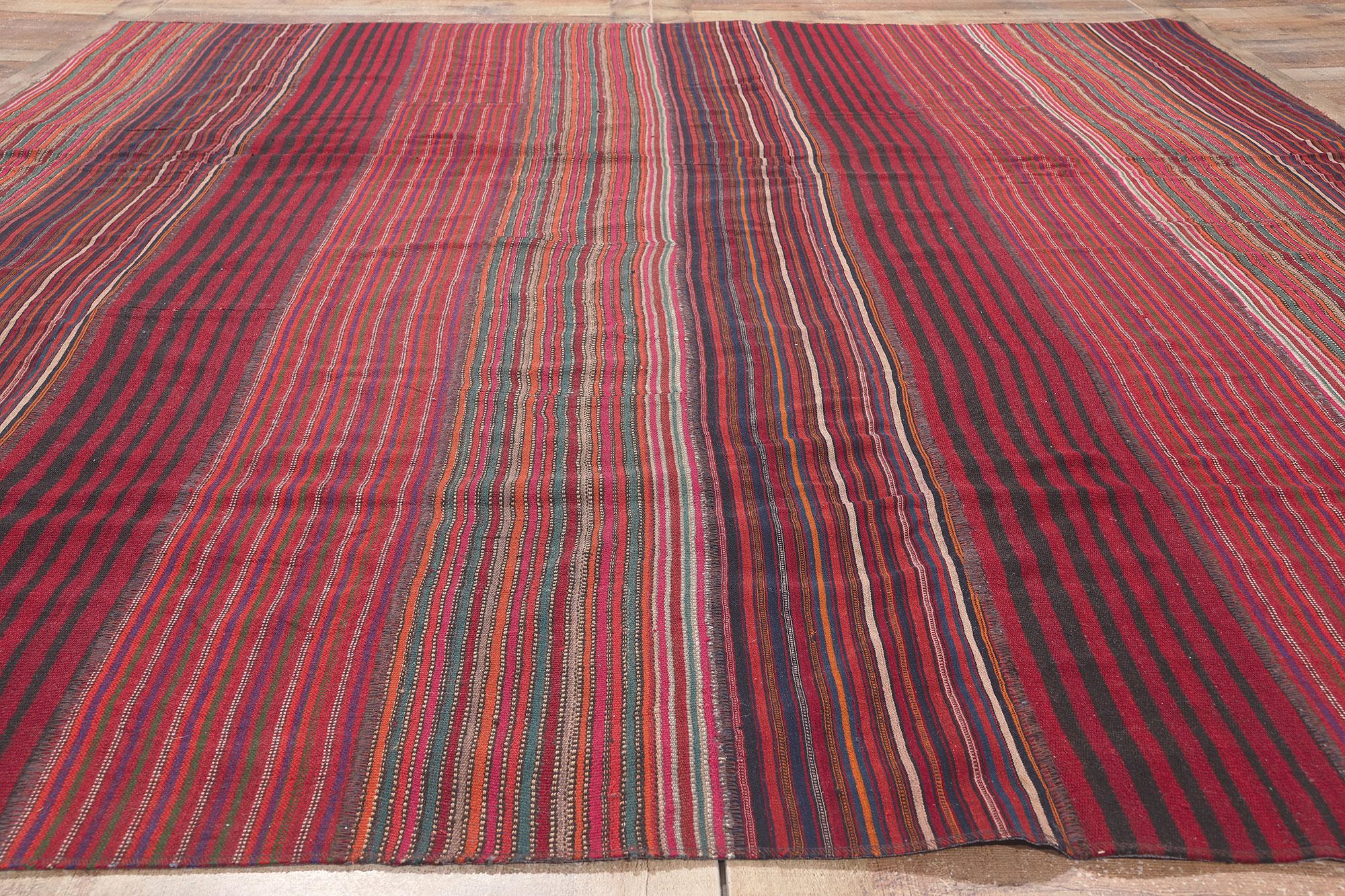 Vintage Turkish Striped Kilim Rug, Wabi-Sabi Charm Meets Rustic Elegance For Sale 2
