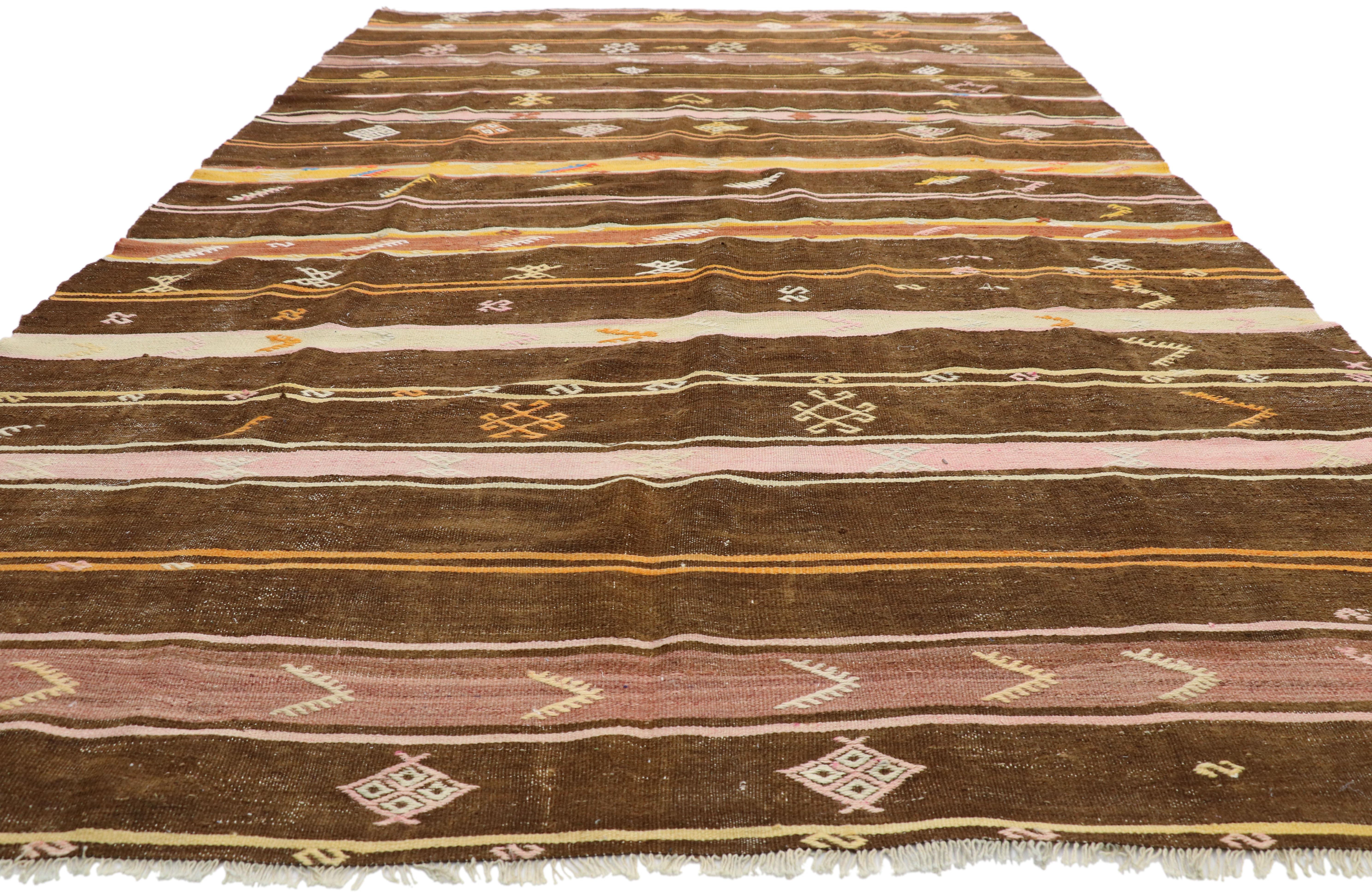 Hand-Woven Vintage Turkish Striped Kilim Rug with Bohemian Southwestern Desert Style