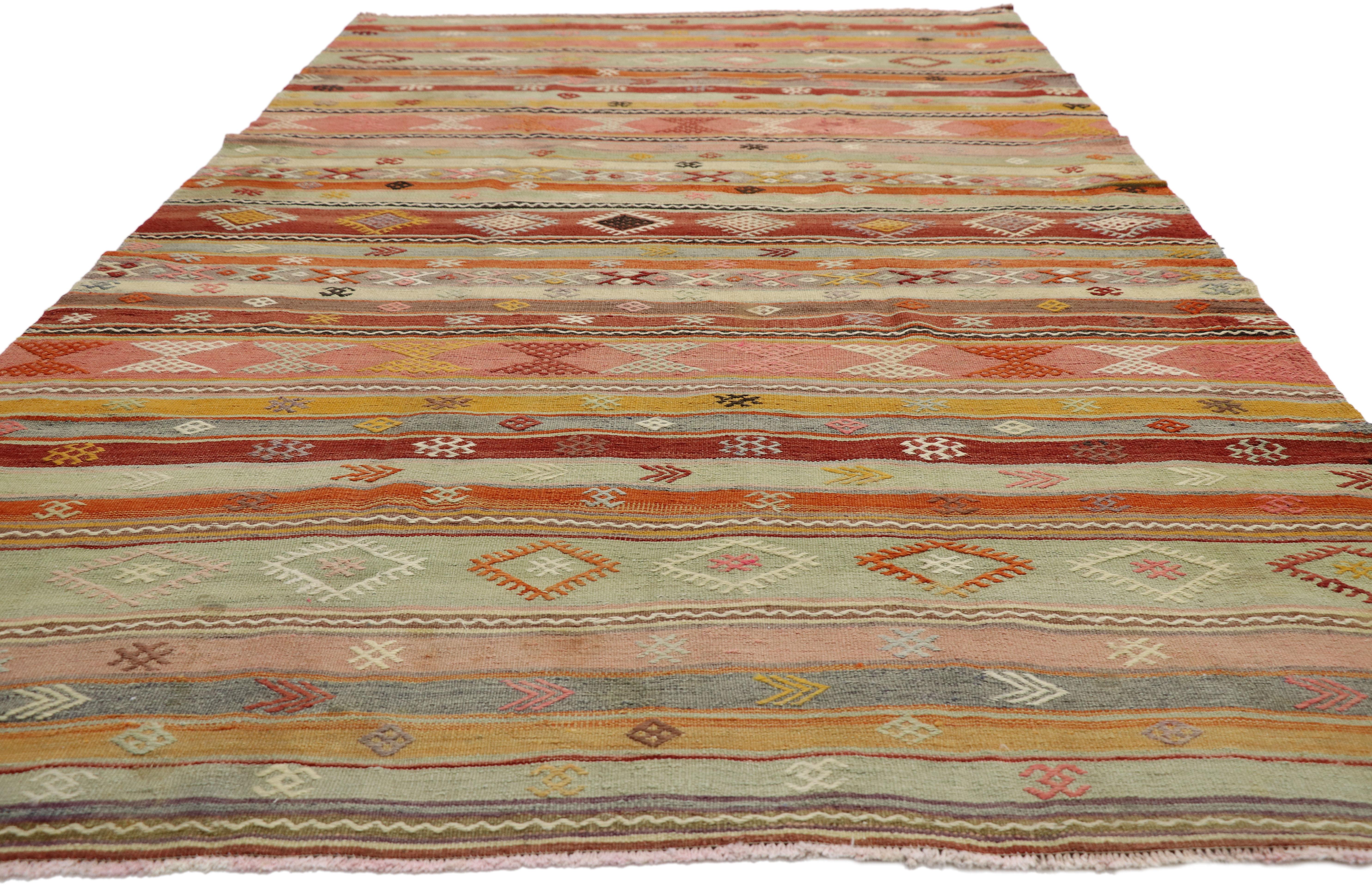 Hand-Woven Vintage Turkish Striped Kilim Rug with Bohemian Tribal Style, Flat-Weave Rug