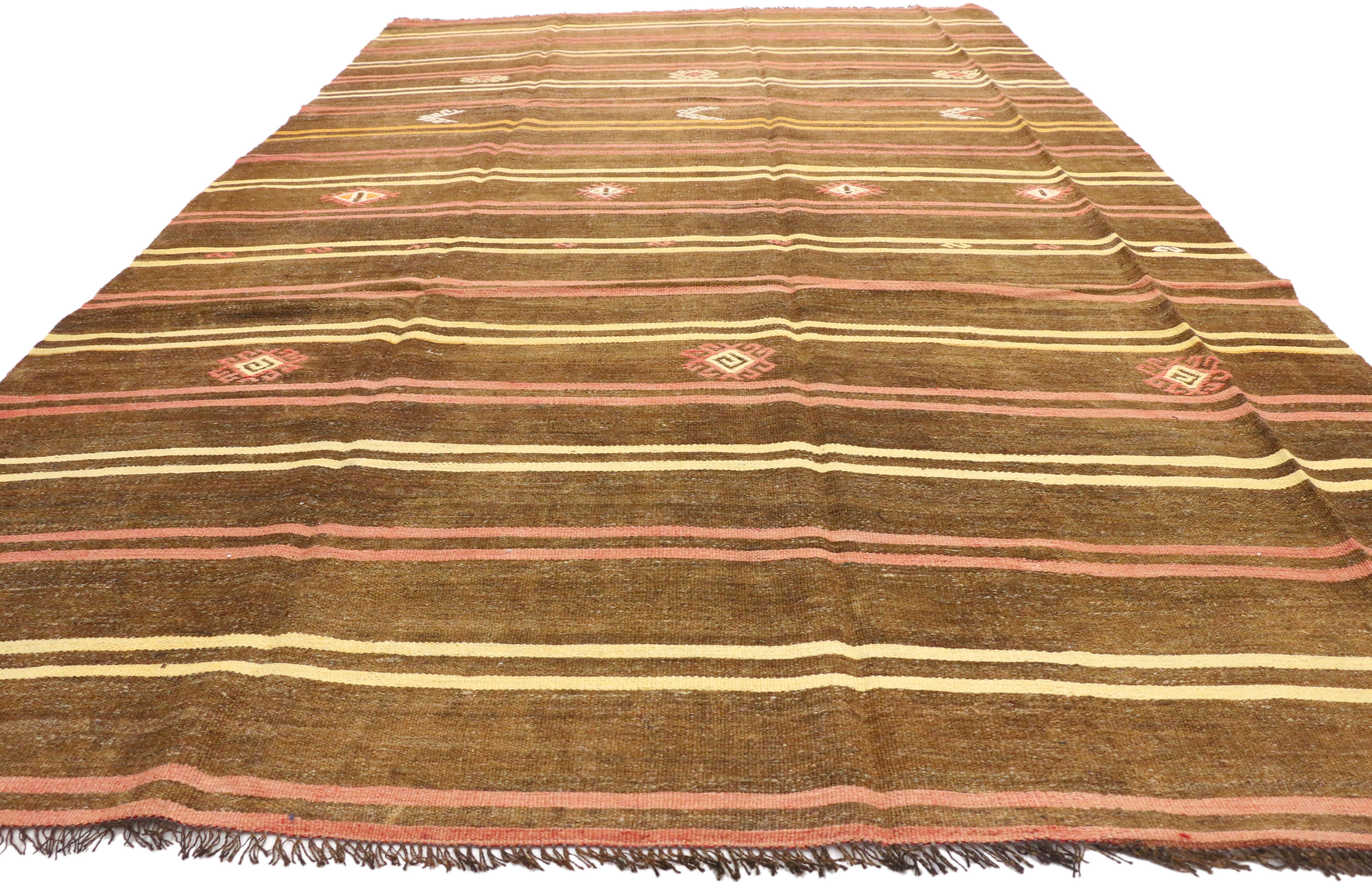 Hand-Woven Vintage Turkish Striped Kilim Rug with Bohemian Tribal Style, Flat-Weave Rug For Sale