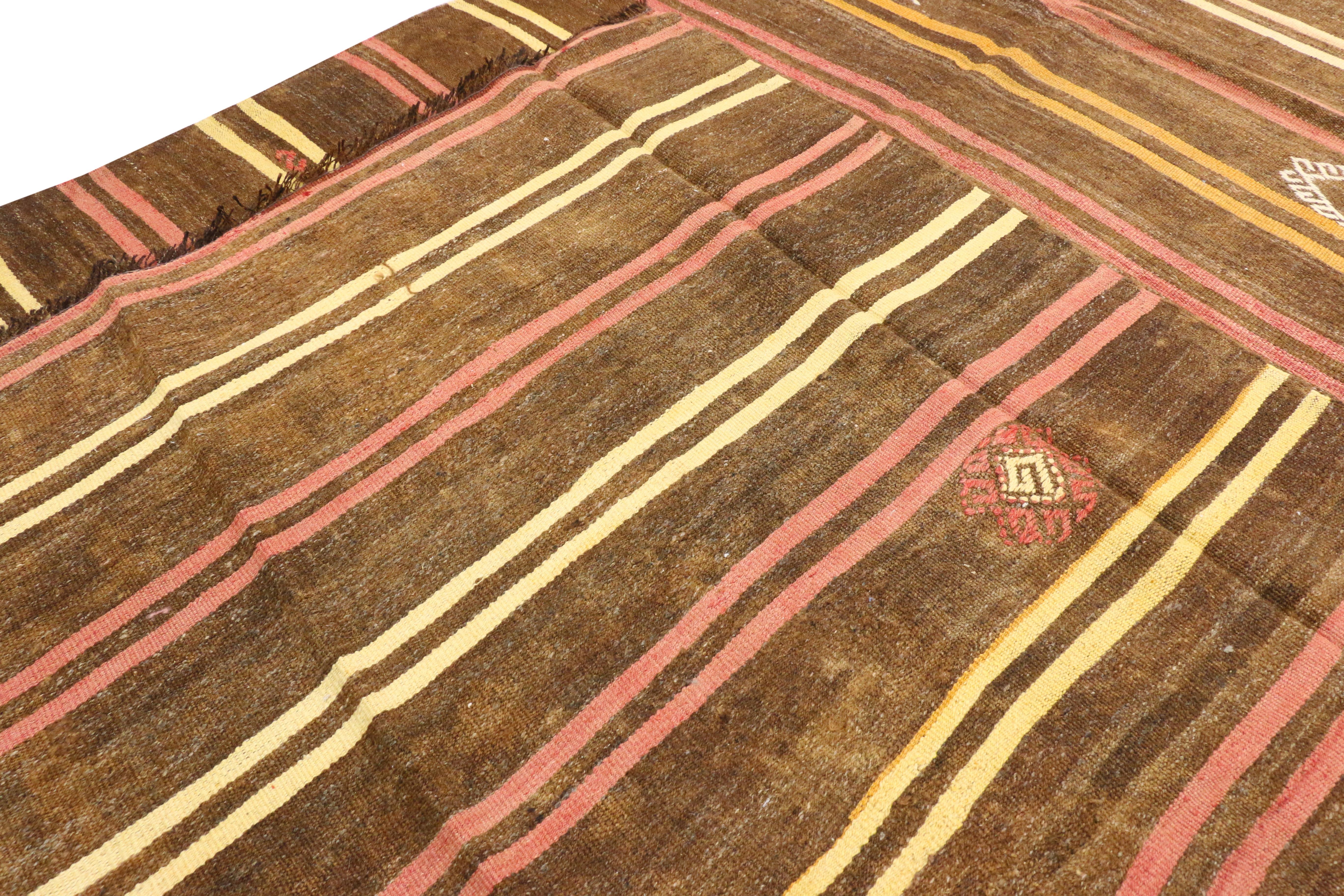 20th Century Vintage Turkish Striped Kilim Rug with Bohemian Tribal Style, Flat-Weave Rug For Sale