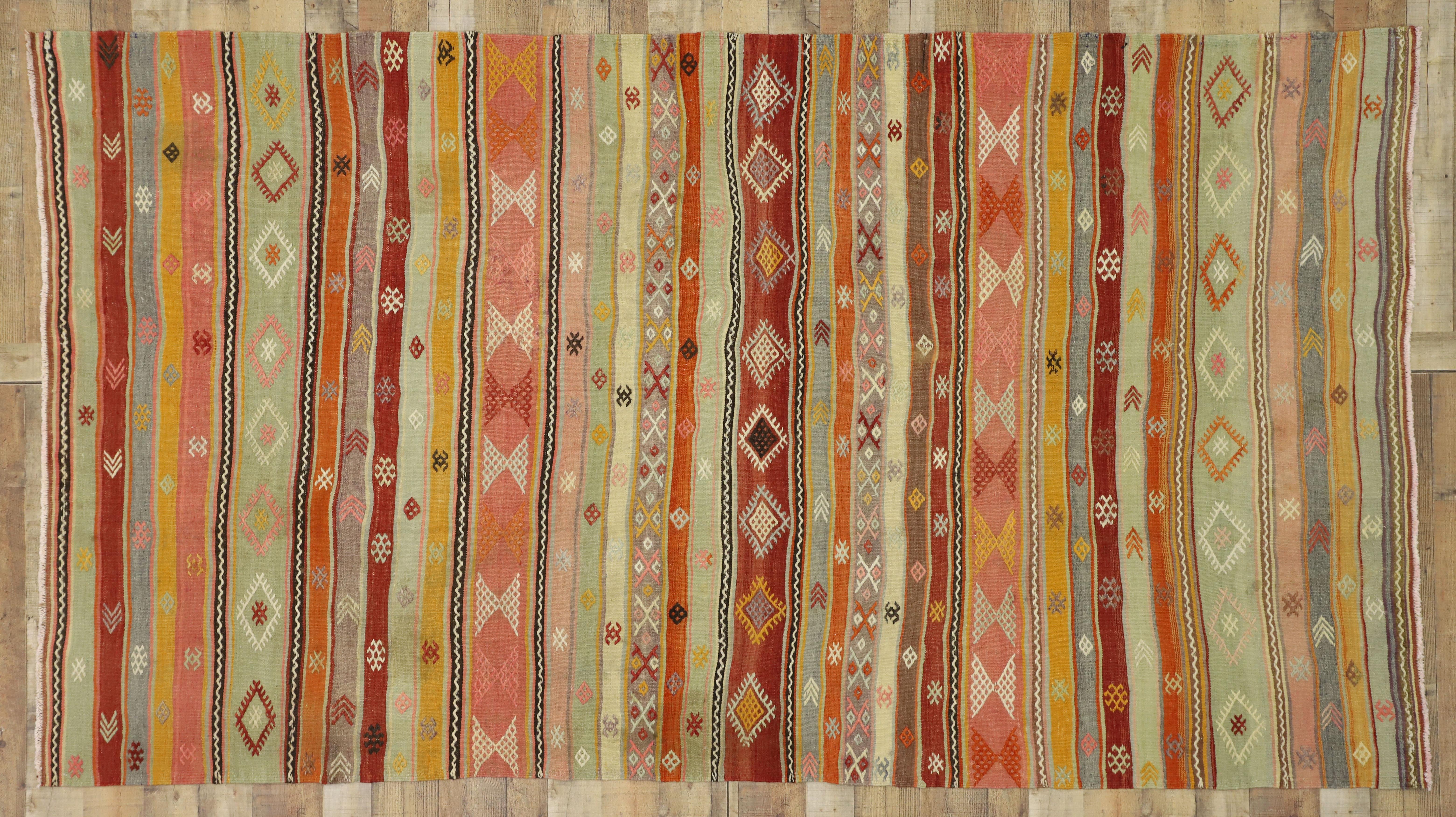 Vintage Turkish Striped Kilim Rug with Bohemian Tribal Style, Flat-Weave Rug 2