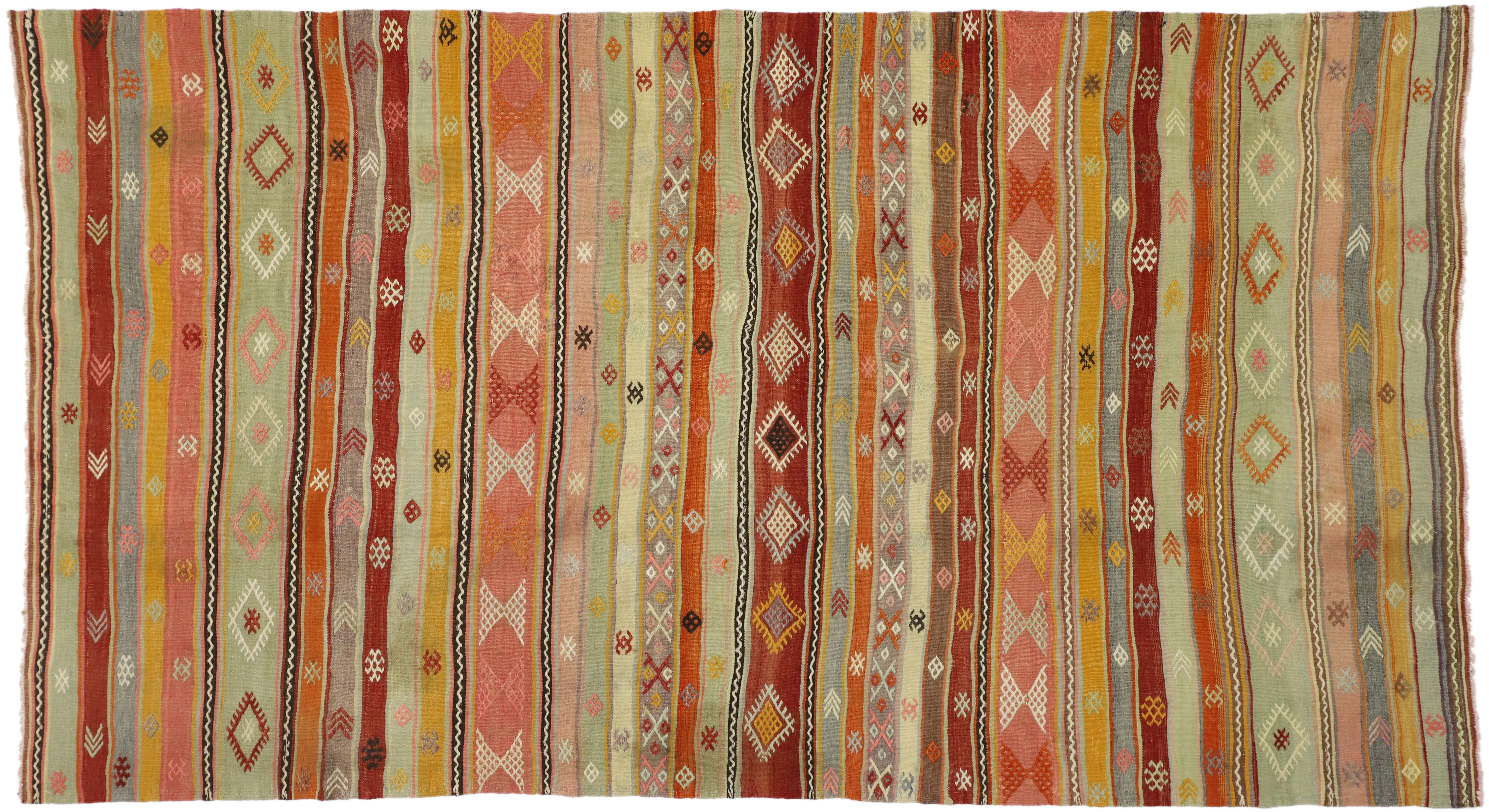 Vintage Turkish Striped Kilim Rug with Bohemian Tribal Style, Flat-Weave Rug 3