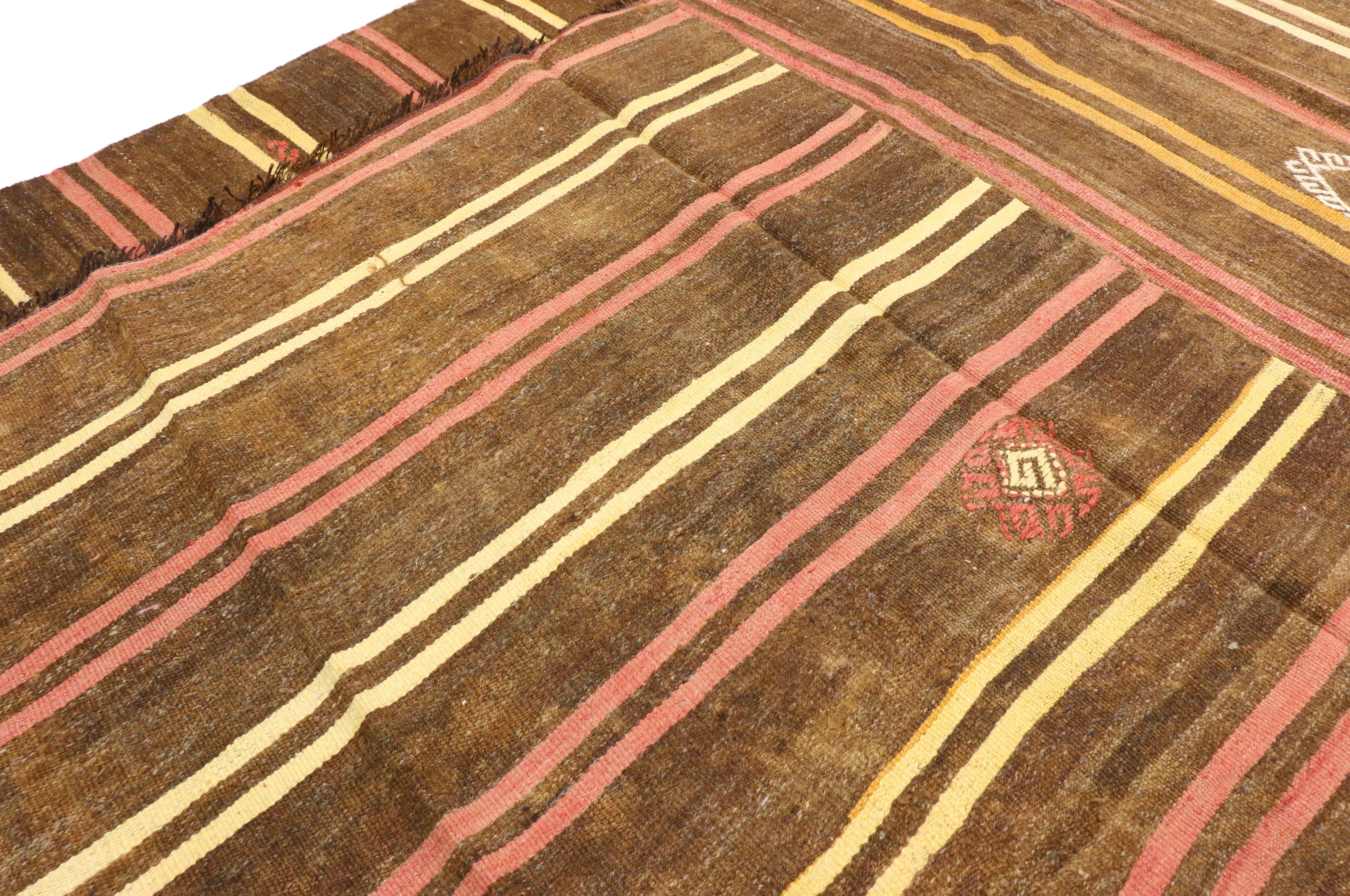 Vintage Turkish Striped Kilim Rug with Bohemian Tribal Style, Flat-Weave Rug For Sale 3
