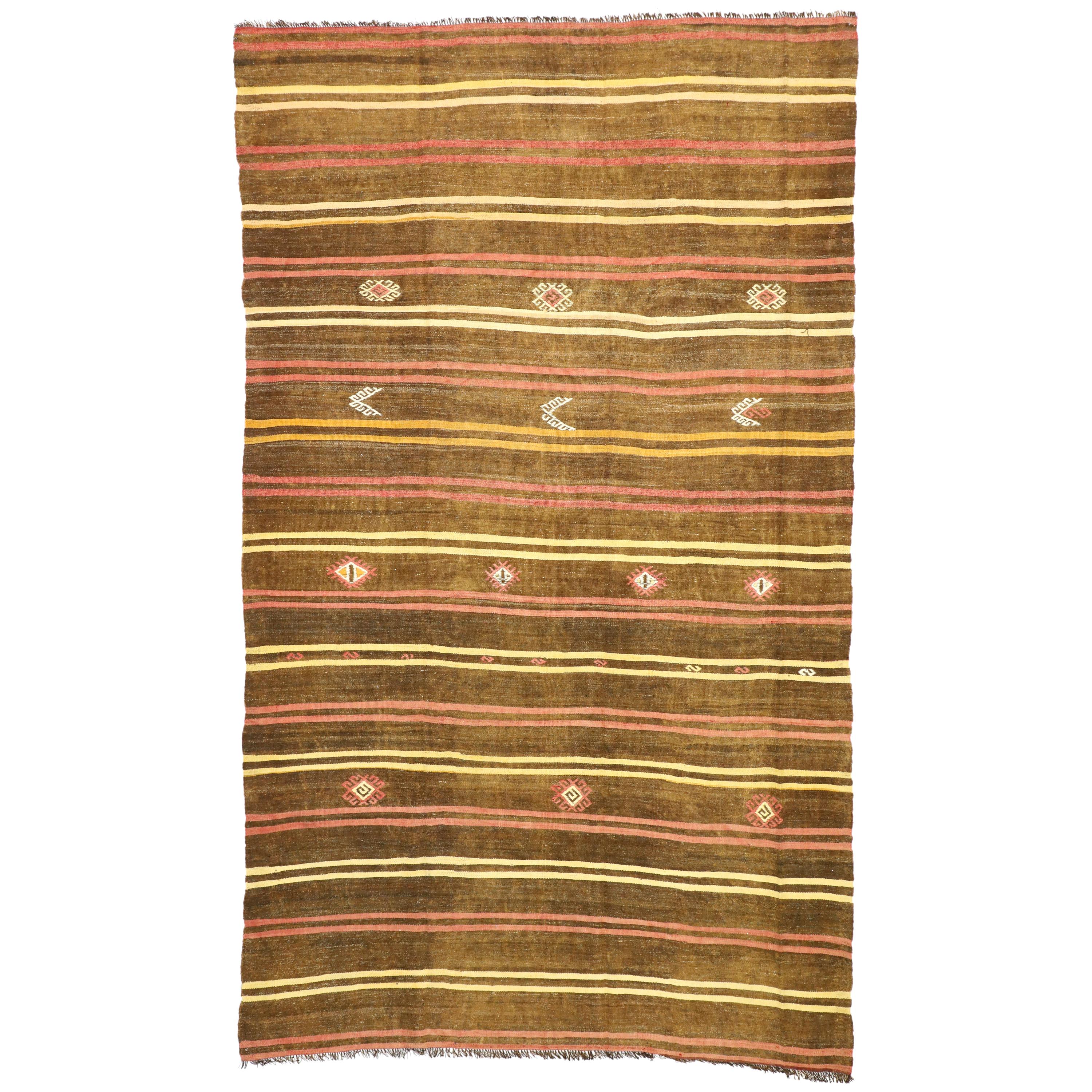 Alfombra Kilim Turca Vintage a Rayas de Estilo Tribal Bohemio, Alfombra de Tejido Plano