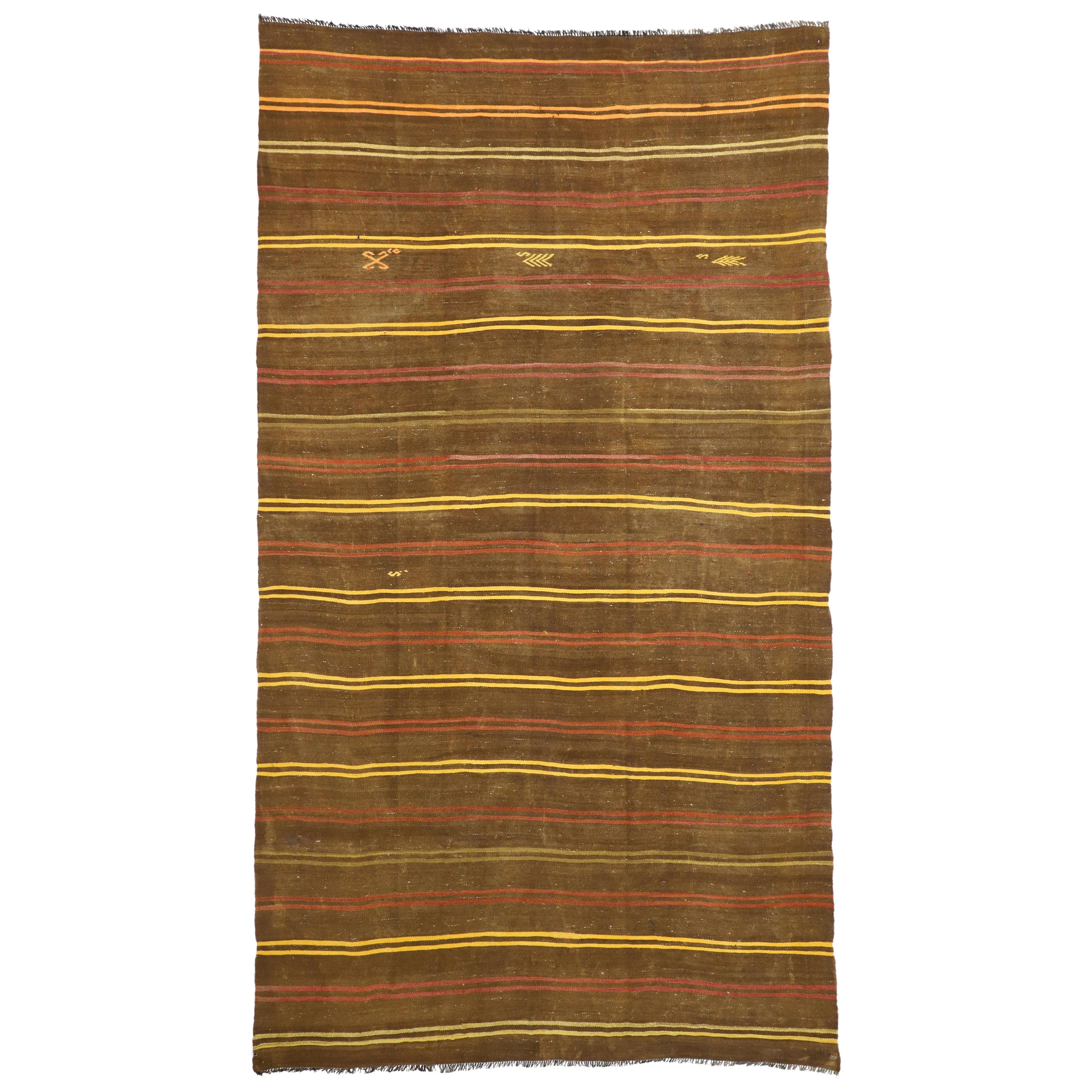 Vintage Turkish Striped Kilim Rug with Bohemian Tribal Style, Flat-Weave Rug For Sale