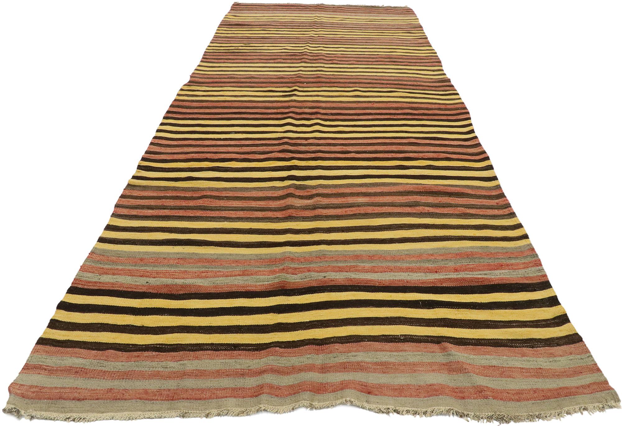 Hand-Woven Vintage Turkish Striped Kilim Rug with Mid-Century Modern Style For Sale