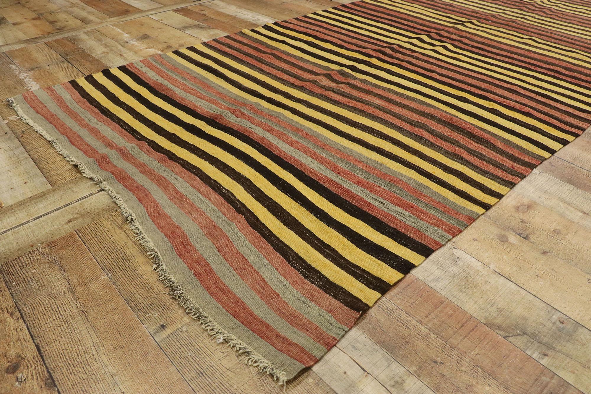 Wool Vintage Turkish Striped Kilim Rug with Mid-Century Modern Style For Sale