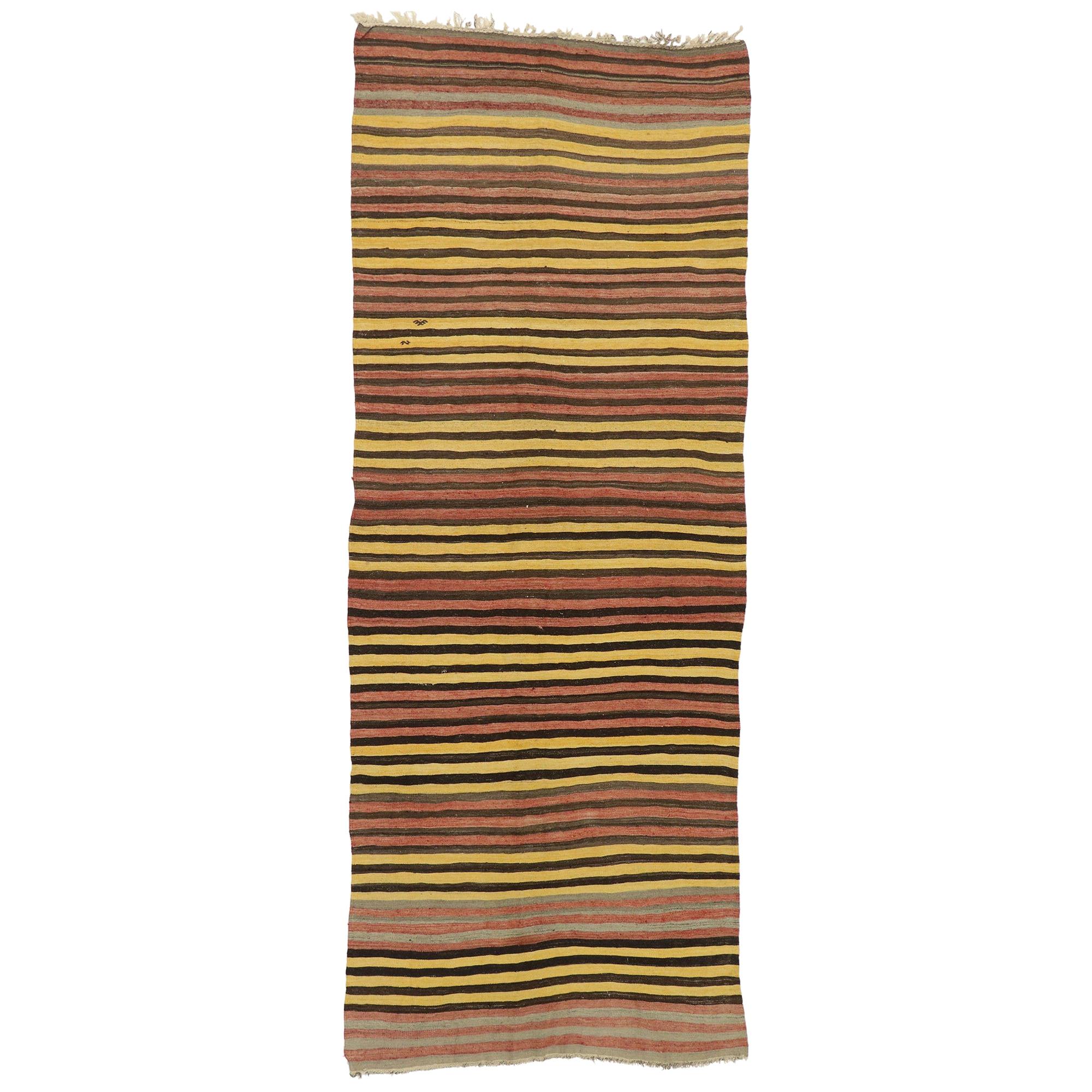 Vintage Turkish Striped Kilim Rug with Mid-Century Modern Style