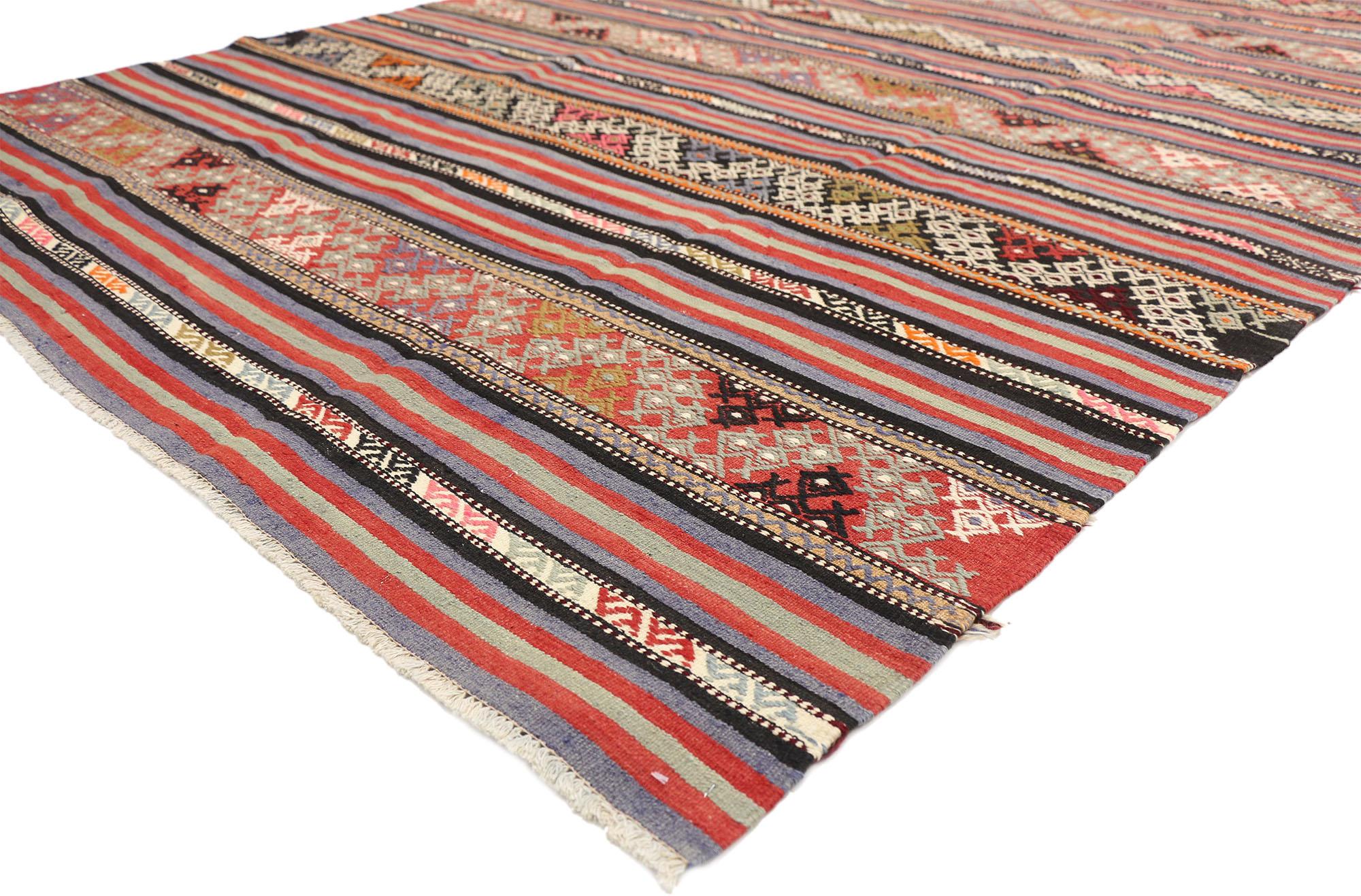 51319, Vintage Turkish striped Kilim rug with Modern Boho Chic Tribal style. Full of tiny details and a bold expressive design combined with exuberant colors and bohemian style, this hand-woven wool vintage Turkish Kilim rug is a captivating vision