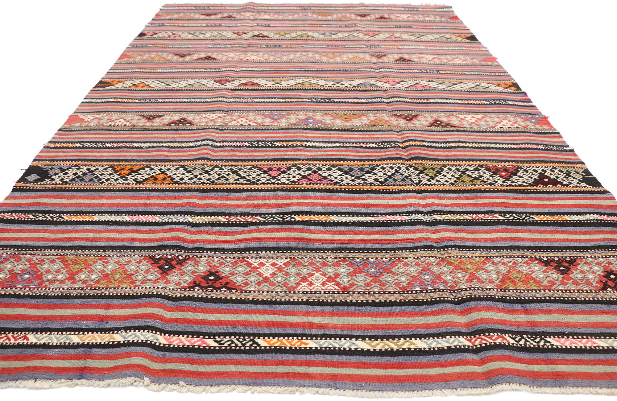 Hand-Woven Vintage Turkish Striped Kilim Rug with Modern Boho Chic Tribal Style For Sale