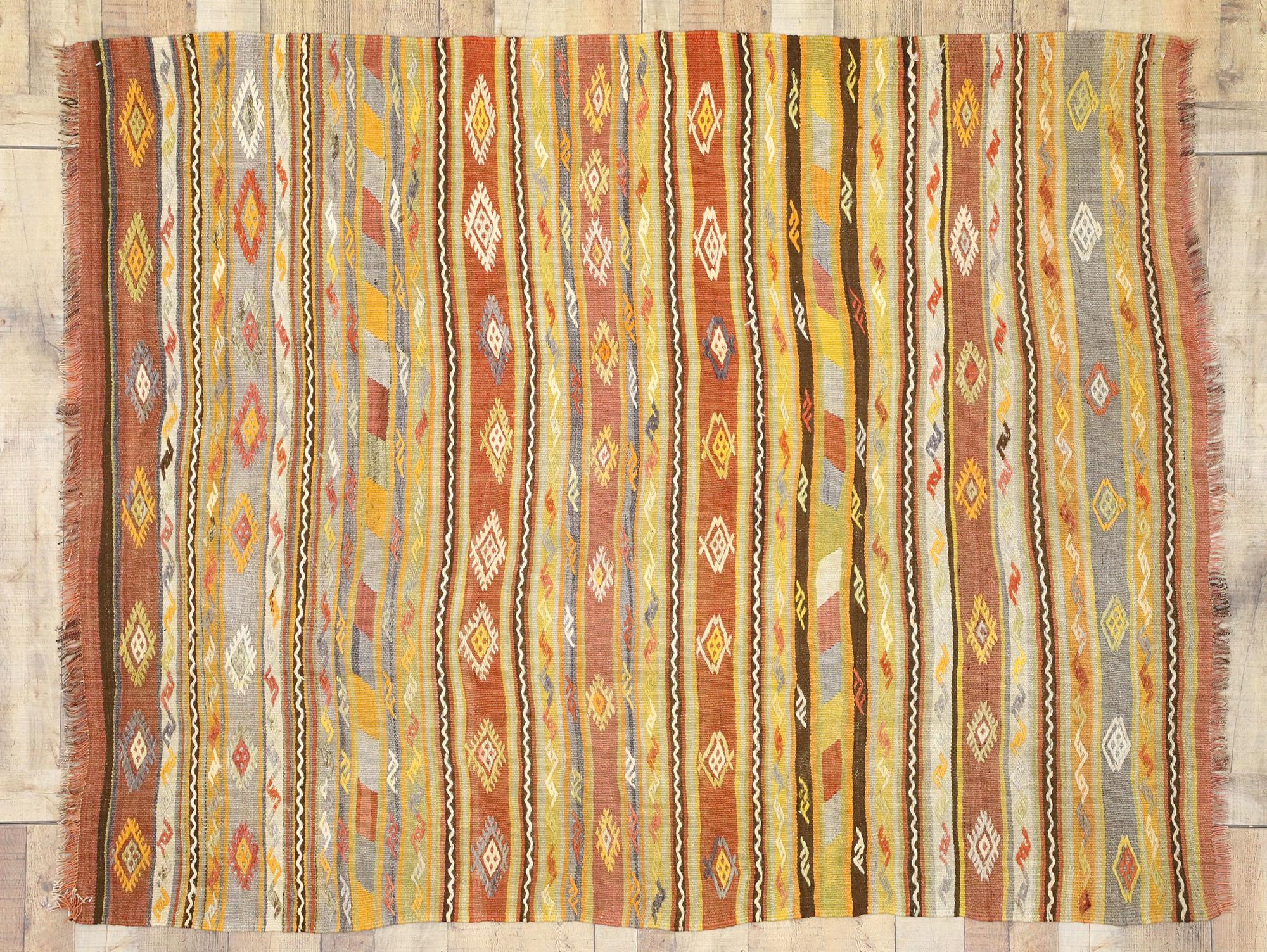 Hand-Woven Vintage Turkish Striped Kilim Rug with Modern Boho Chic Tribal Style For Sale