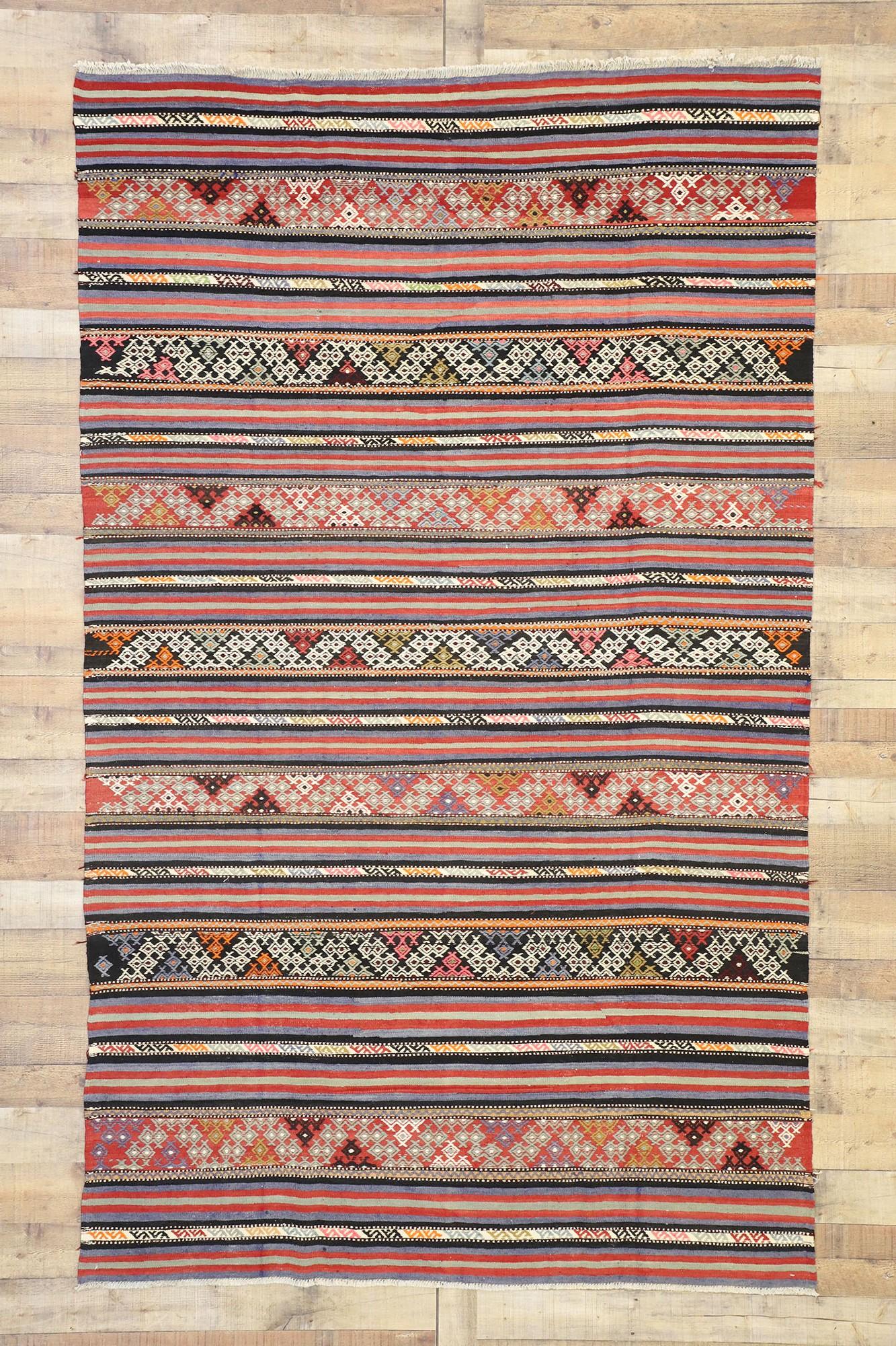 Vintage Turkish Striped Kilim Rug with Modern Boho Chic Tribal Style For Sale 1
