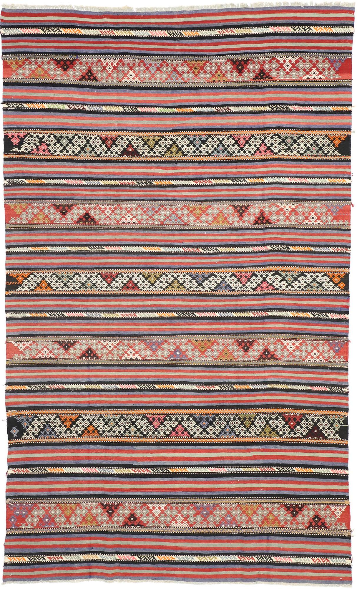 Vintage Turkish Striped Kilim Rug with Modern Boho Chic Tribal Style For Sale 2