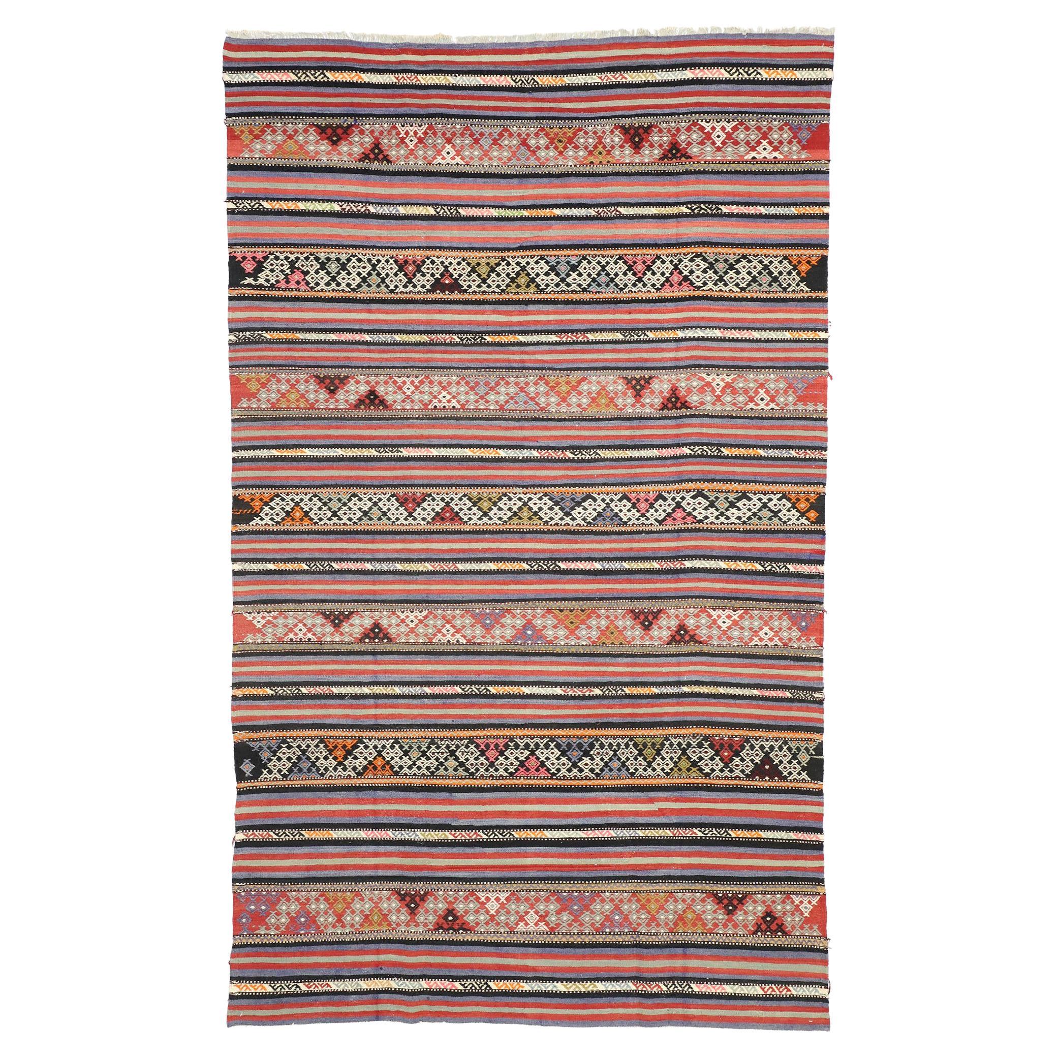 Vintage Turkish Striped Kilim Rug with Modern Boho Chic Tribal Style For Sale