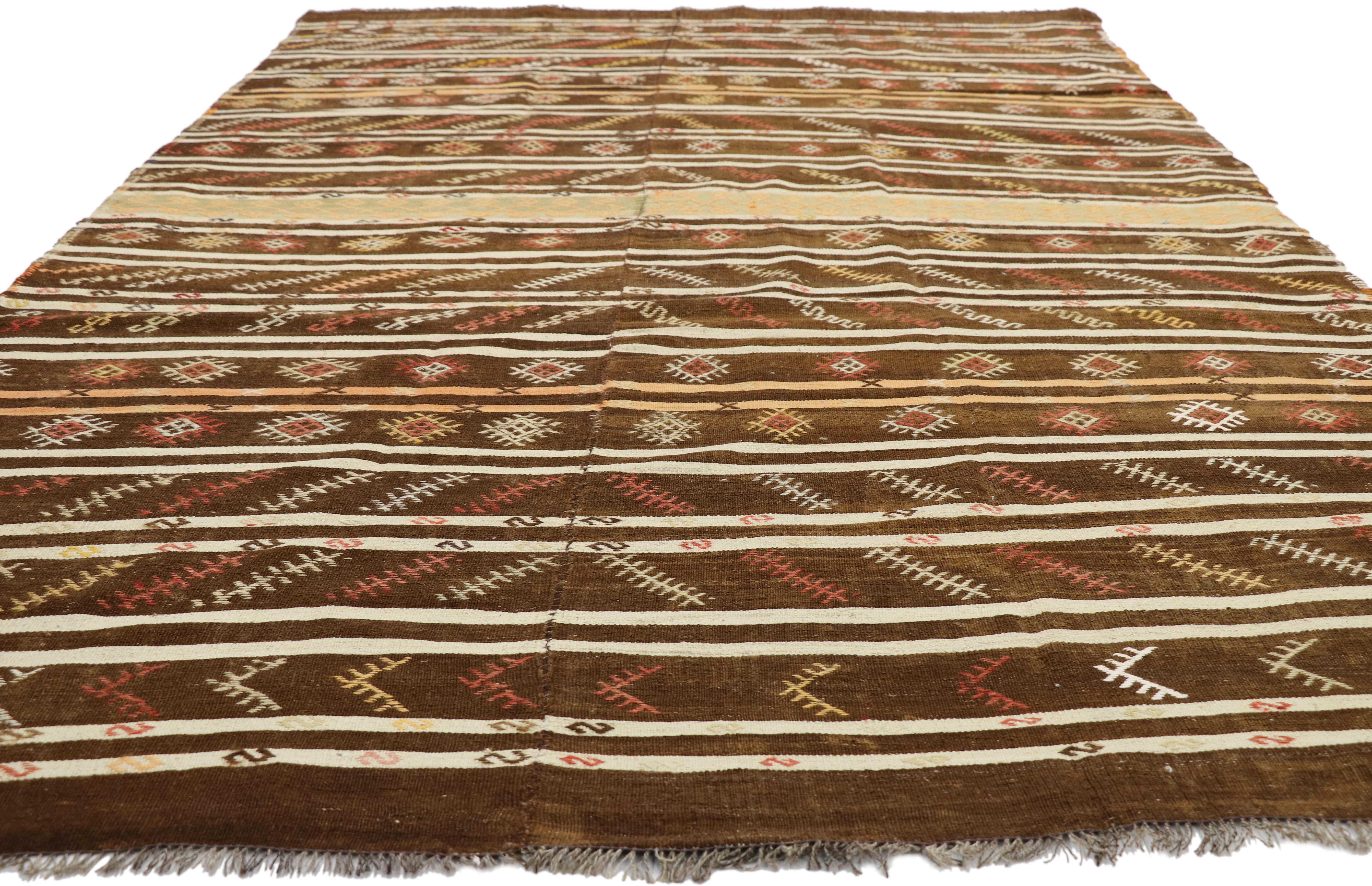 Tribal Vintage Turkish Striped Kilim Rug with Modern Cabin Style, Flat-Weave Rug For Sale