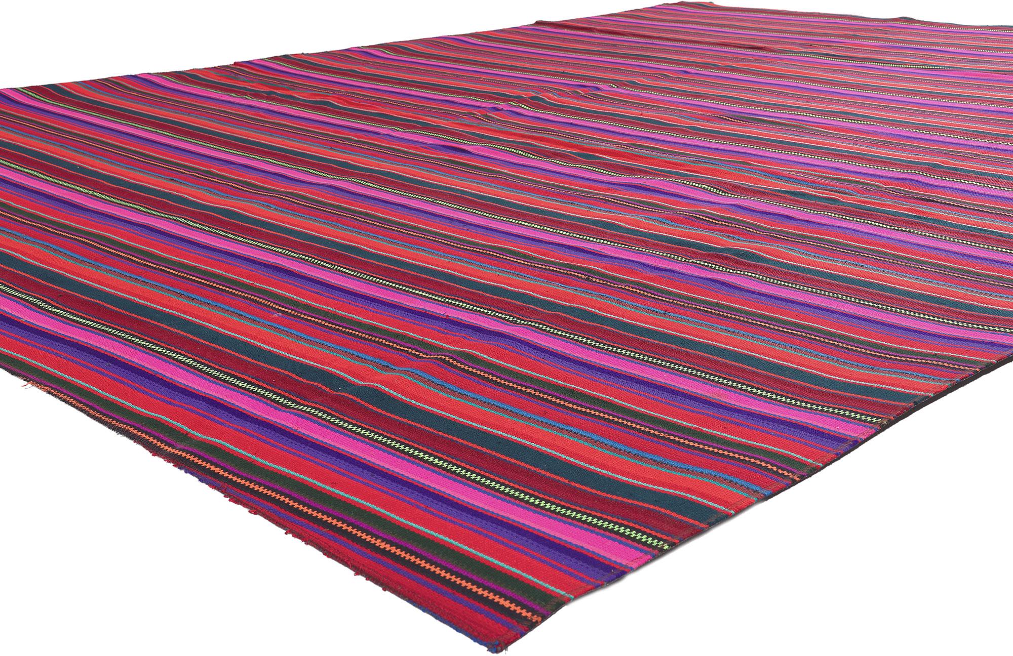60798 Vintage Turkish Striped Kilim Rug, 08'06 x 11'07. Transcending the ordinary, Bayadere-patterned maximalist interiors possess an ageless allure. This lively stripe pattern, embraced by diverse design movements, has spawned a multitude of