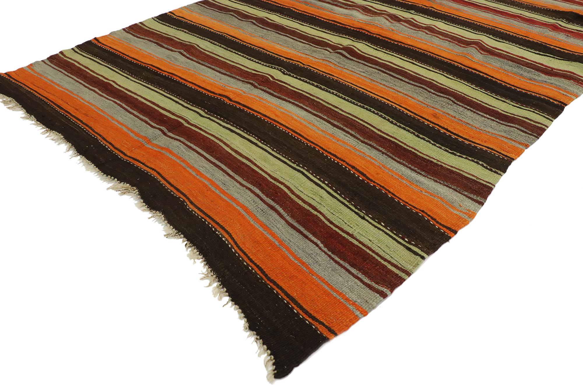 53123, vintage Turkish Striped Kilim rug with Modern Cabin style. With its warm hues and rugged beauty, this handwoven wool striped Kilim rug manages to meld contemporary, modern, and Traditional Design elements. The flat-weave Kilim rug features a