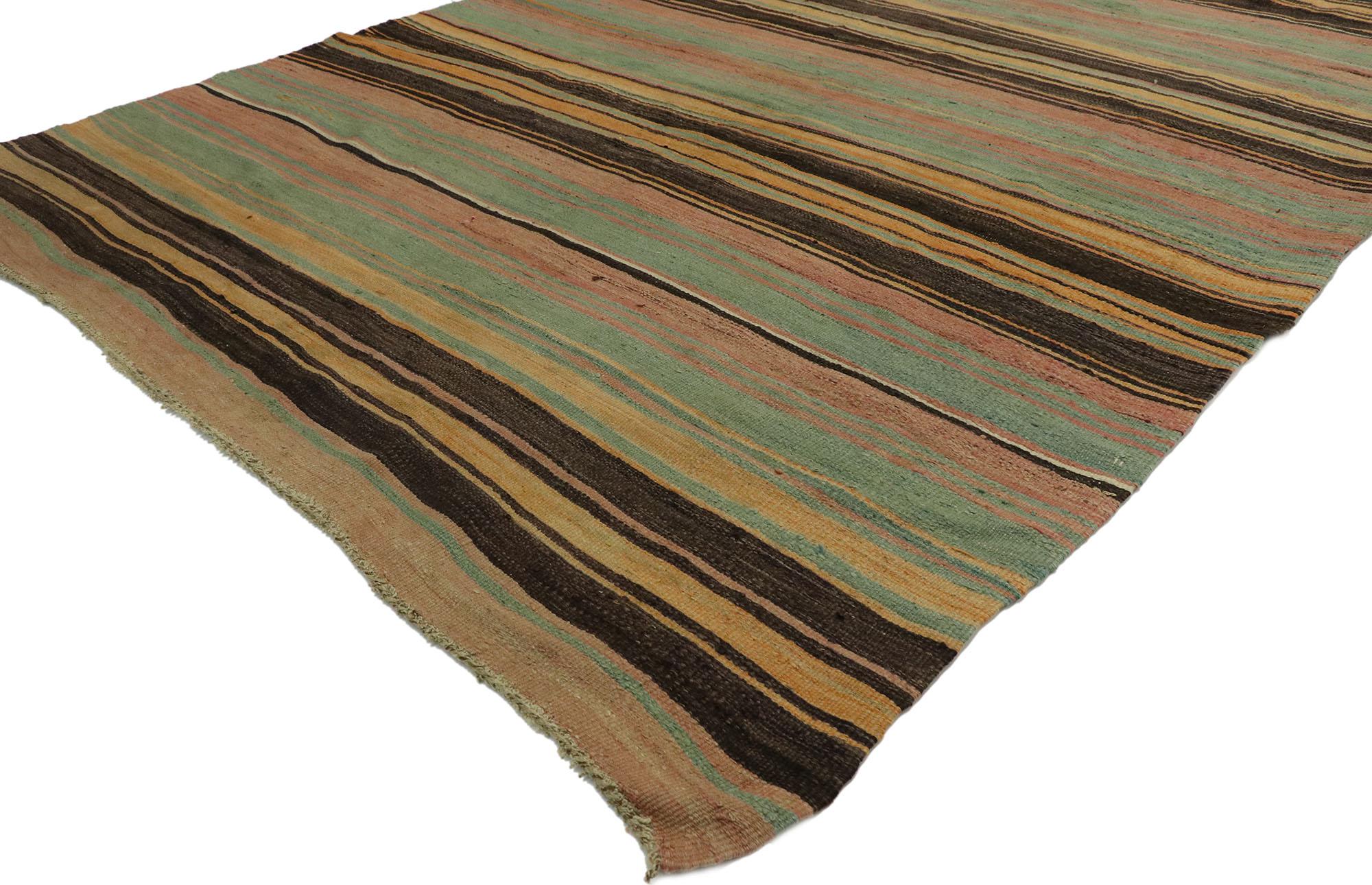 53122, vintage Turkish striped Kilim rug with modern cabin style. With its warm hues and rugged beauty, this handwoven wool striped Kilim rug manages to meld contemporary, modern, and Traditional Design elements. The flat-weave Kilim rug features a