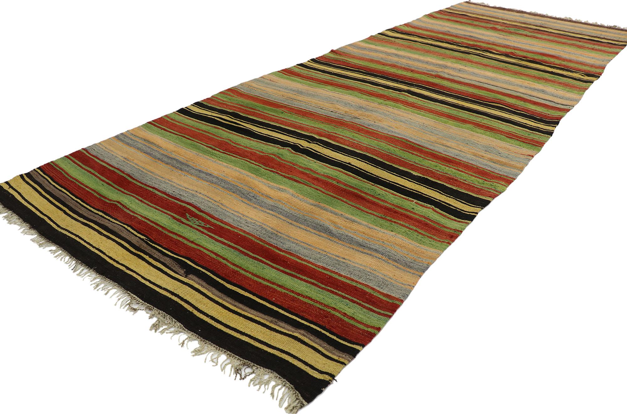 53133, vintage Turkish Striped Kilim rug with modern Cabin style. With its warm hues and rugged beauty, this hand-woven wool striped kilim rug manages to meld contemporary, modern, and traditional design elements. The flat-weave kilim rug features a