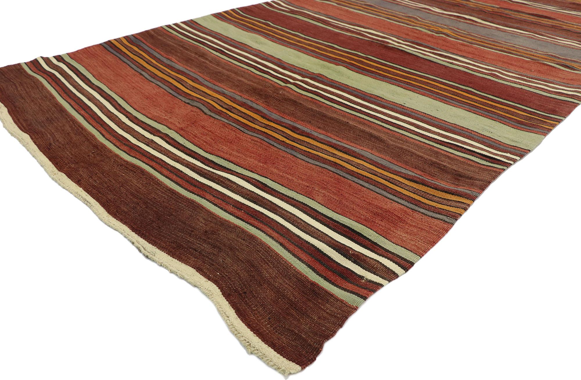 Hand-Woven Vintage Turkish Striped Kilim Rug with Modern Cabin Style