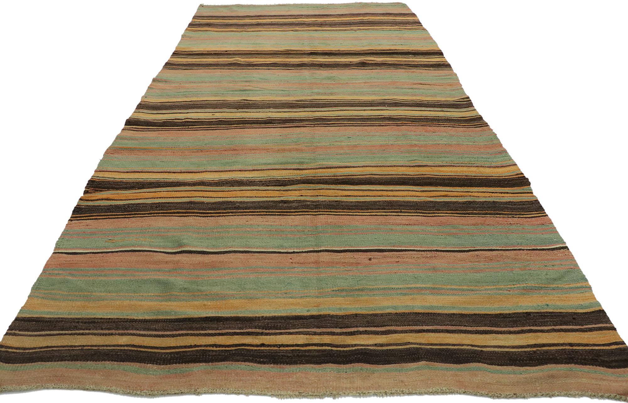 Hand-Woven Vintage Turkish Striped Kilim Rug with Modern Cabin Style