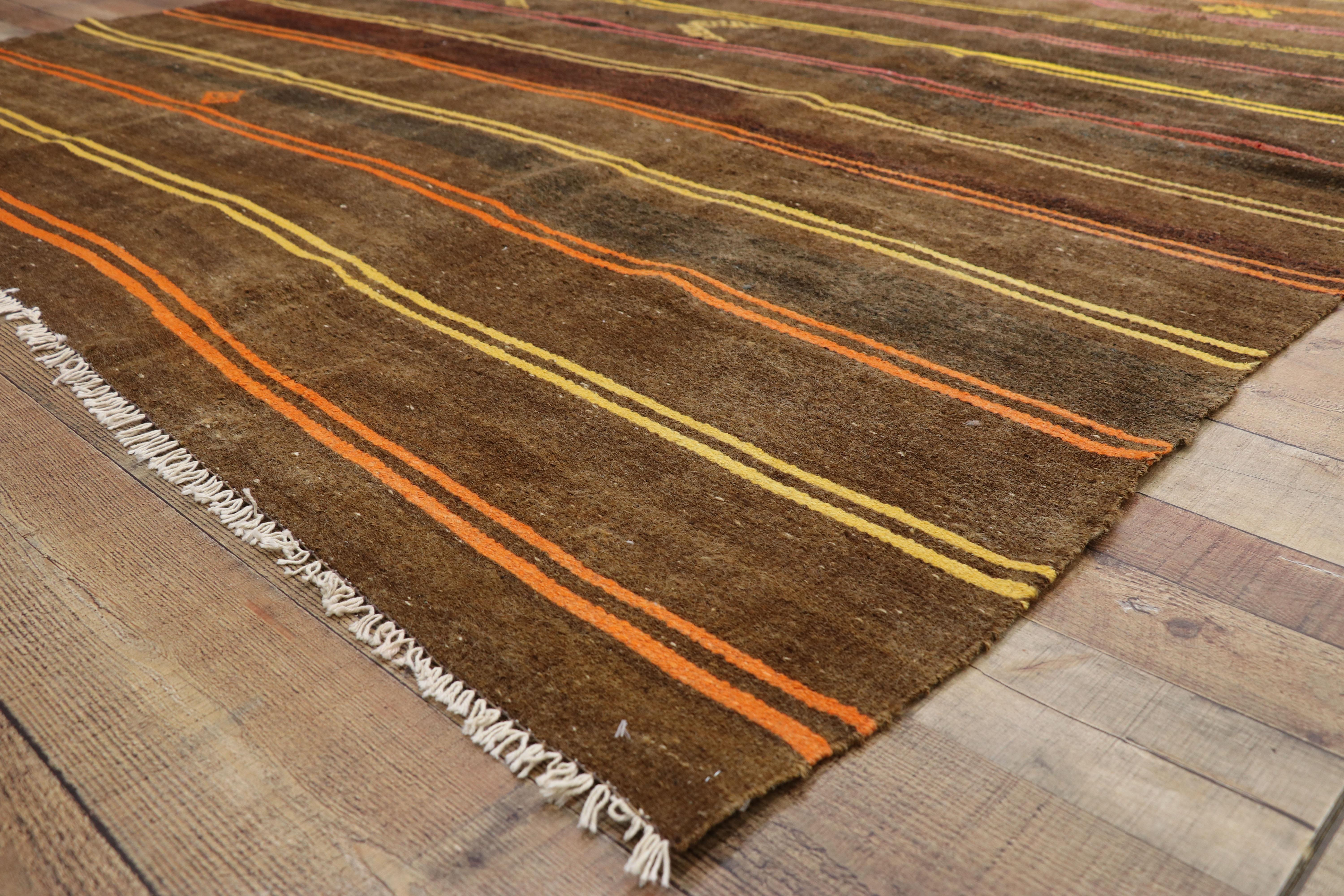 Wool Vintage Turkish Striped Kilim Rug with Modern Cabin Tribal Style, Flat-Weave Rug For Sale