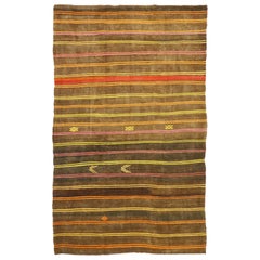 Retro Turkish Striped Kilim Rug with Modern Cabin Tribal Style, Flat-Weave Rug