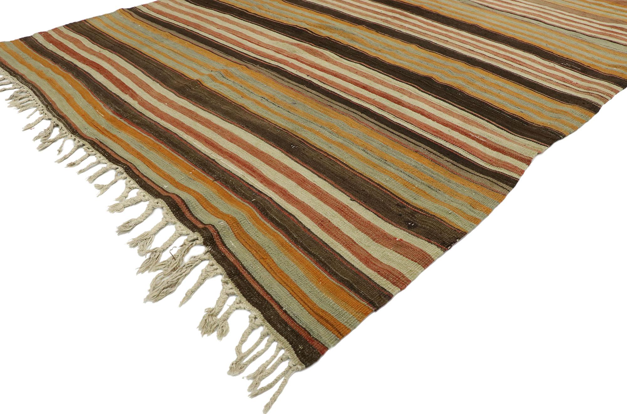 53124, vintage Turkish Striped Kilim rug with Modern Rustic Cabin style. With its warm hues and rugged beauty, this handwoven wool striped Kilim rug manages to meld contemporary, modern, and Traditional Design elements. The flat-weave Kilim rug