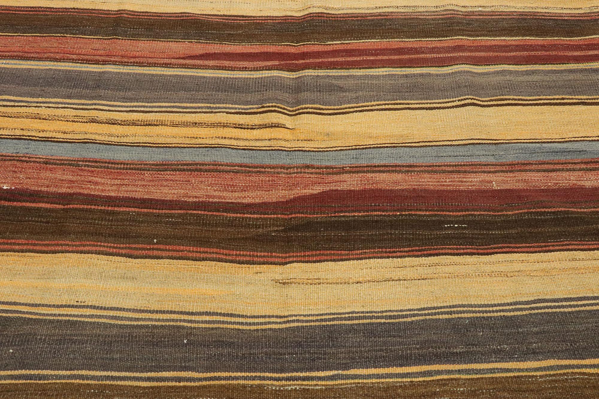 Hand-Woven Vintage Turkish Striped Kilim Rug with Modern Rustic Cabin Style