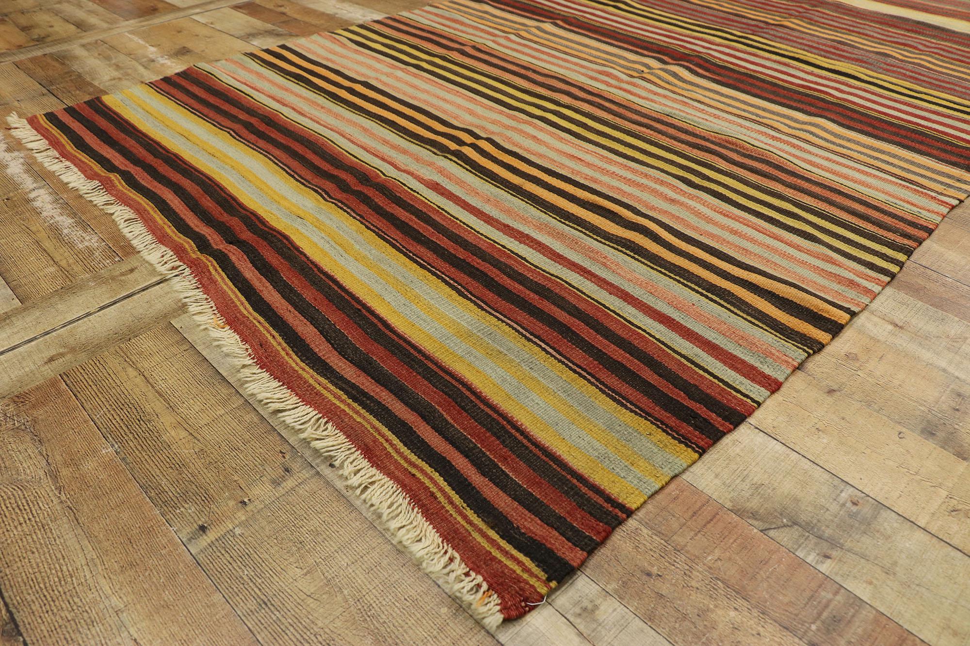 Wool Vintage Turkish Striped Kilim Rug with Modern Rustic Cabin Style For Sale