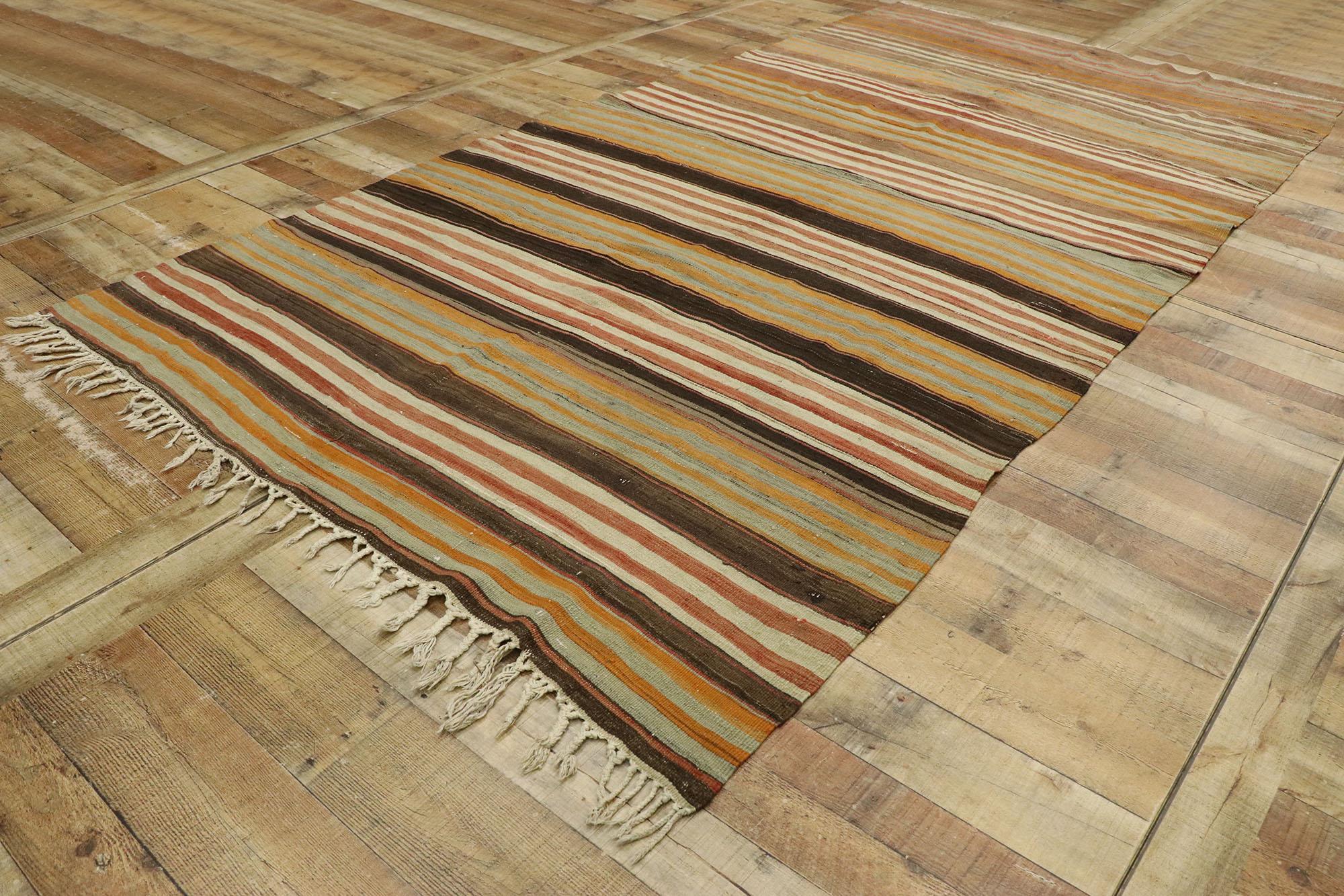 Wool Vintage Turkish Striped Kilim Rug with Modern Rustic Cabin Style For Sale