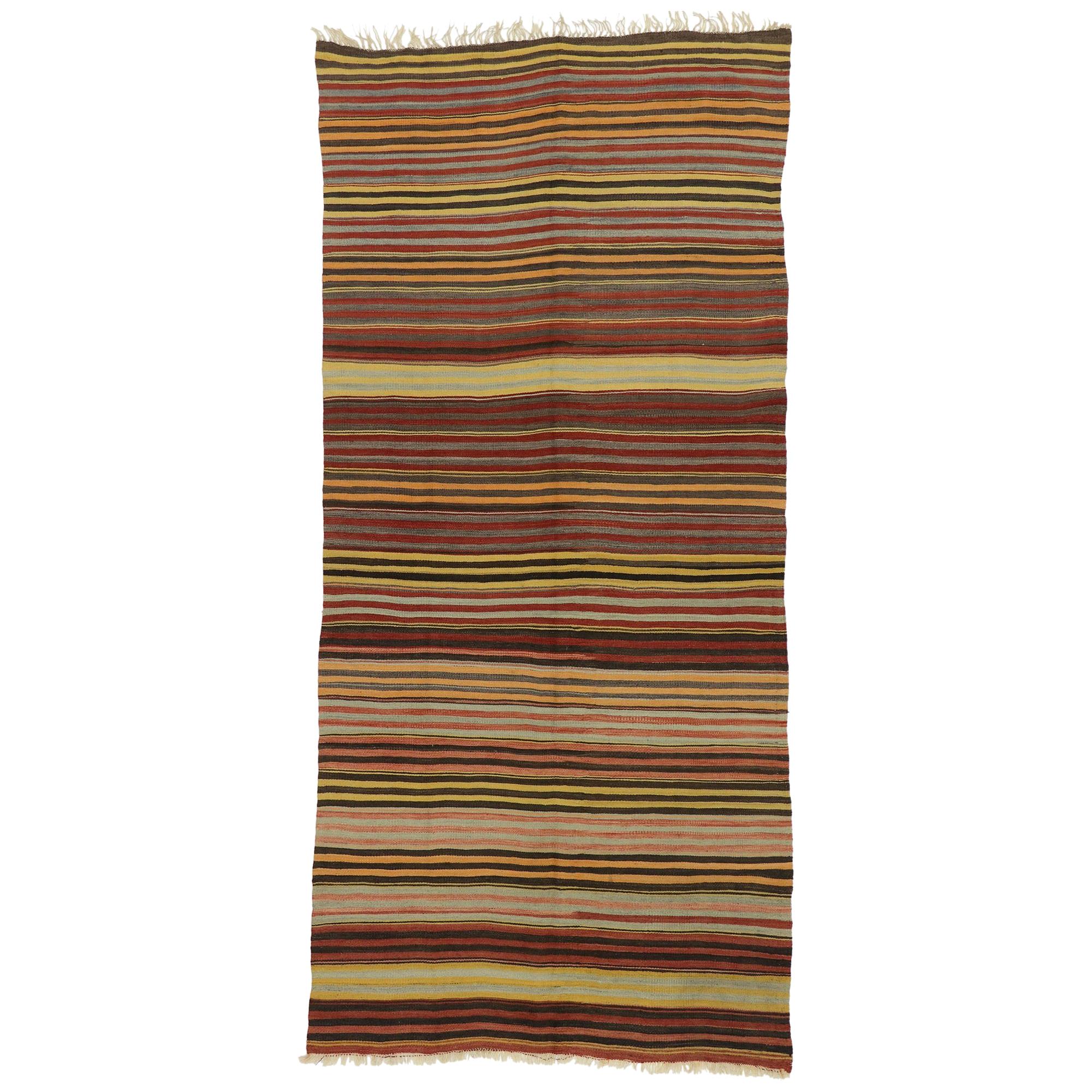 Vintage Turkish Striped Kilim Rug with Modern Rustic Cabin Style For Sale
