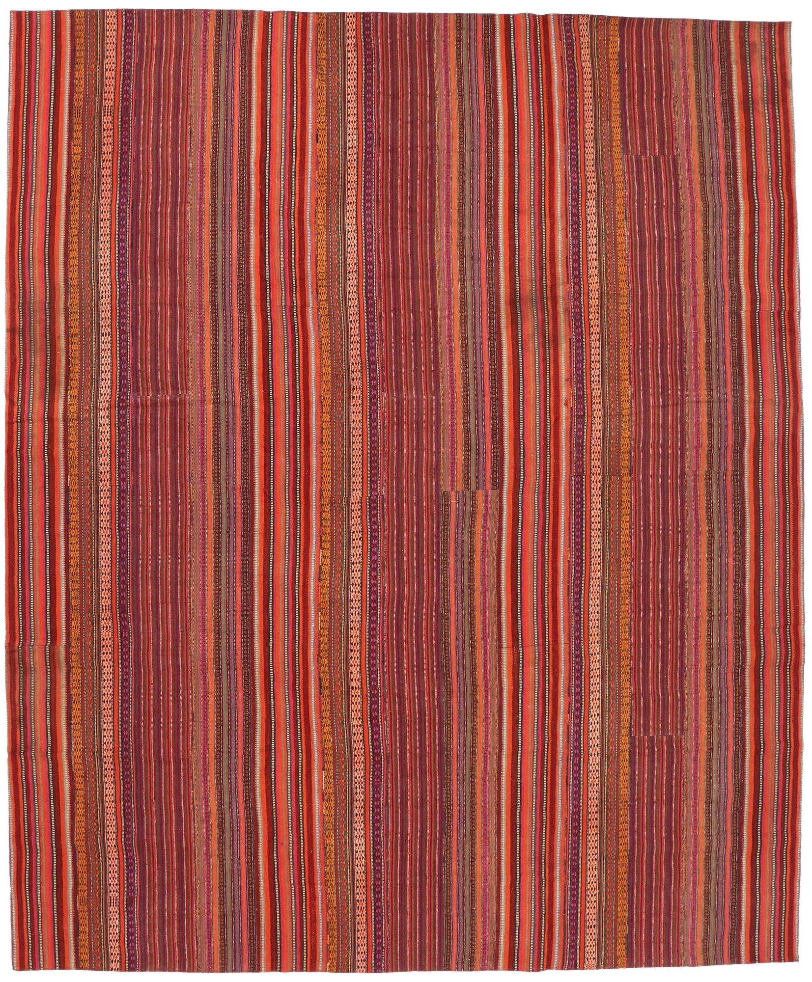 Hand-Woven Vintage Turkish Striped Kilim Rug with Modern Rustic Cabin Style 