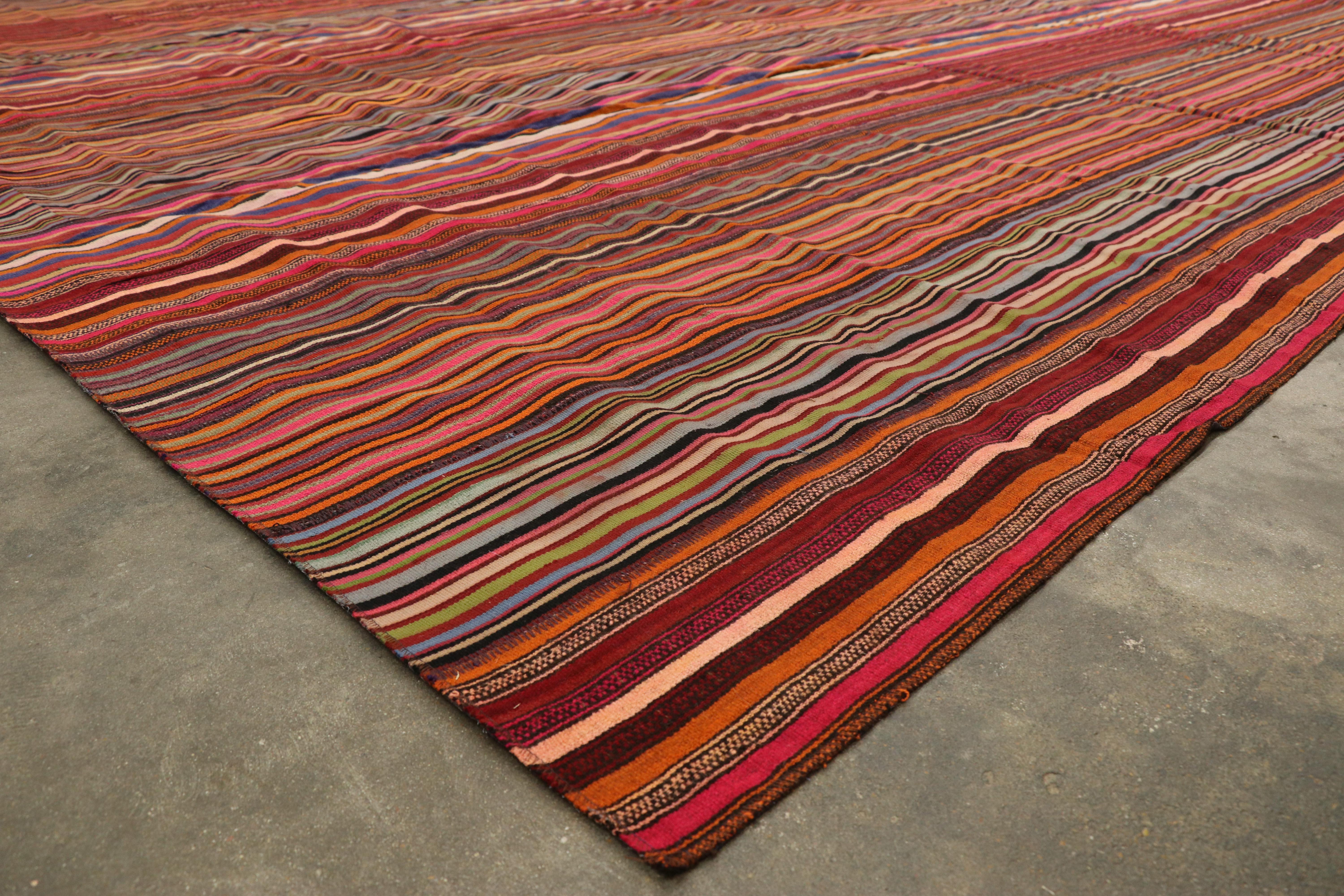 20th Century Distressed Vintage Turkish Striped Kilim Rug with Modern Rustic Cabin Style For Sale
